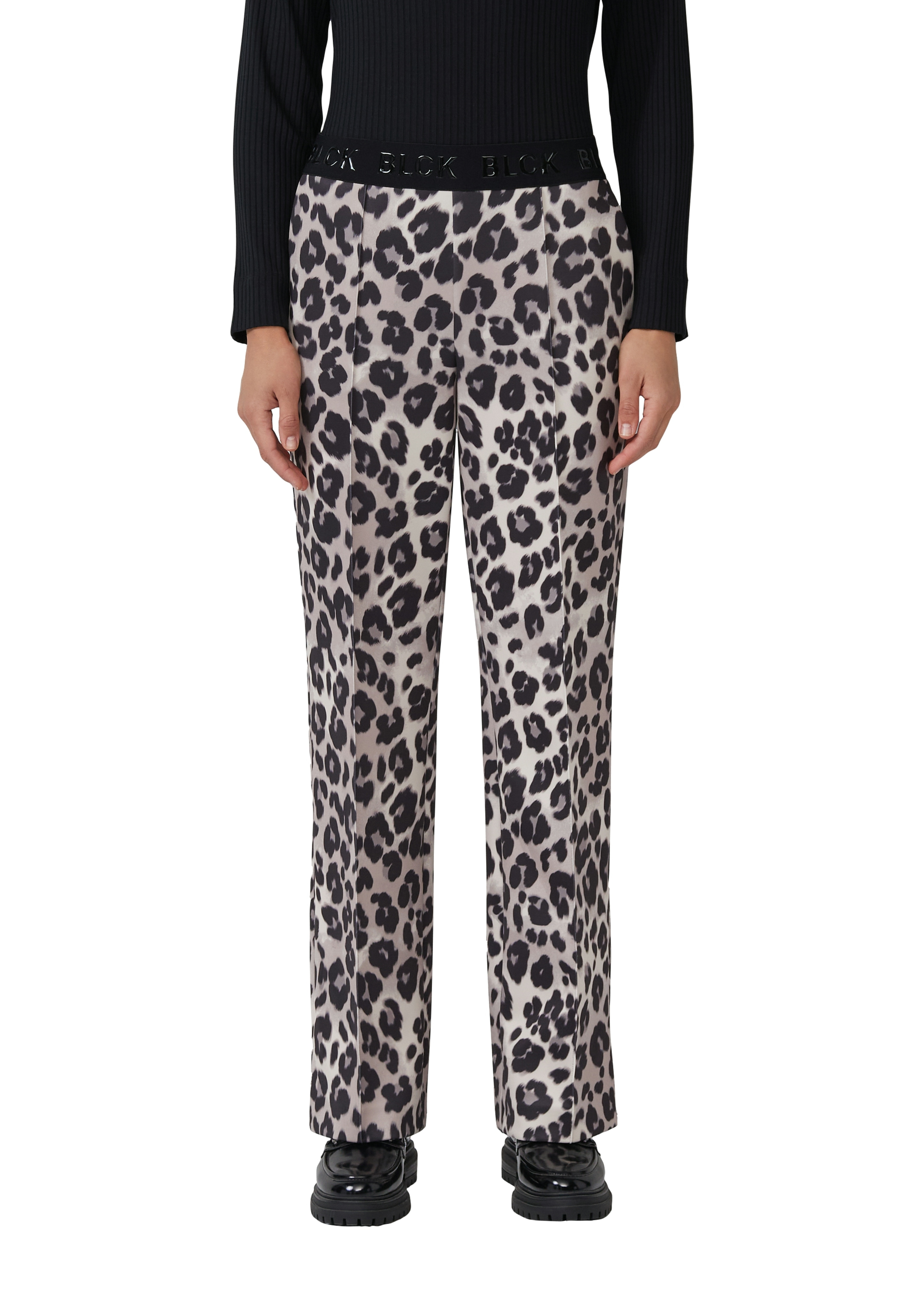 Stoffhose S.OLIVER BLACK LABEL, Damen, Gr. 42, N-Gr, schwarz (schwarz leo), Web, Obermaterial: 92% Polyester, 8% Elasthan. Futter: 100% Polyester, animal-print, bedruckt, weit knöchellang, Hosen Stoffhose, mit elastischem Bund