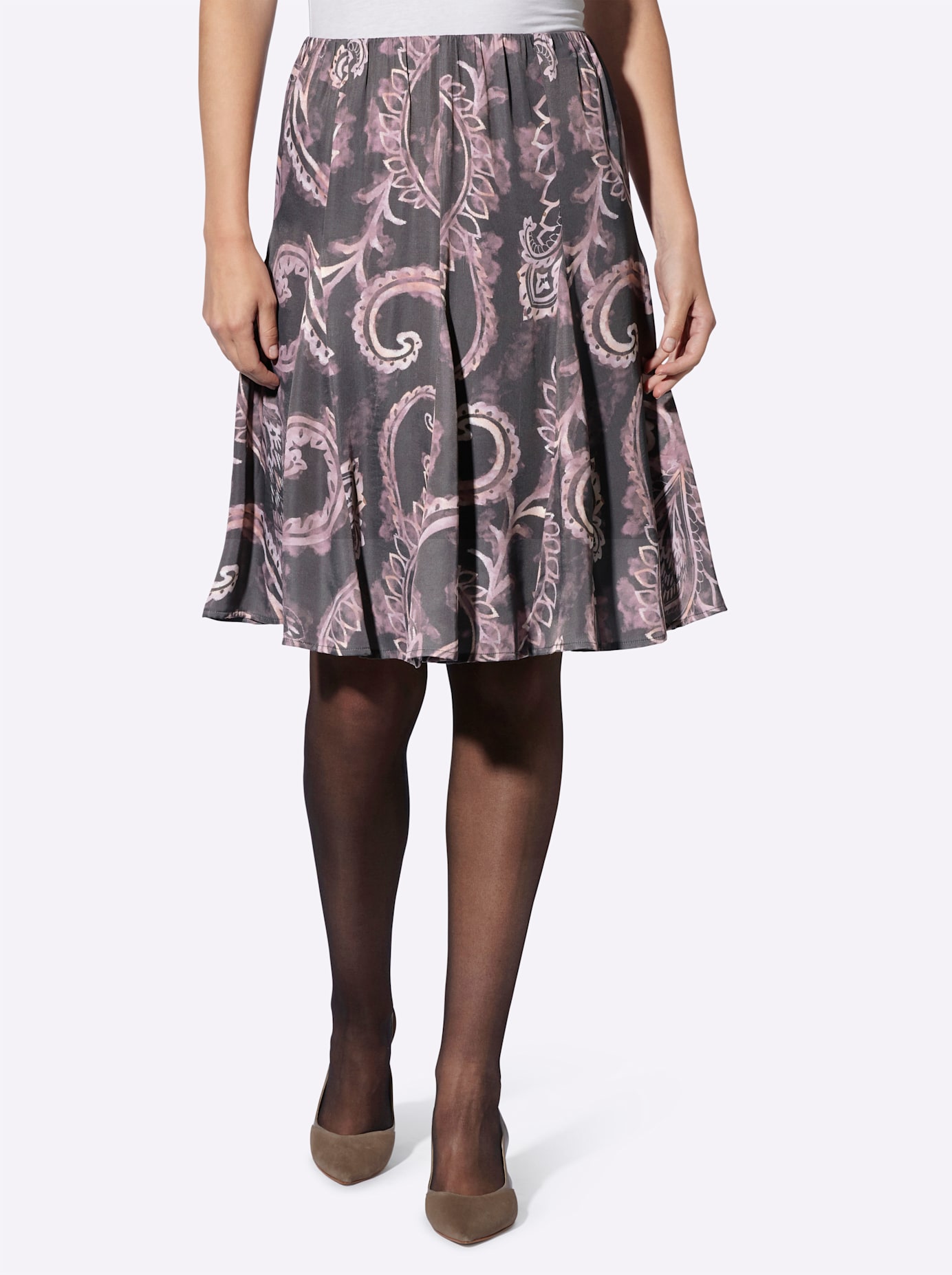 Godetrock HEINE, Damen, Gr. 44, lila (anthrazit, mauve, bedruckt), 100% Viskose, bedruckt, gemustert, mehrfarbig, kurz, Röcke Godetrock