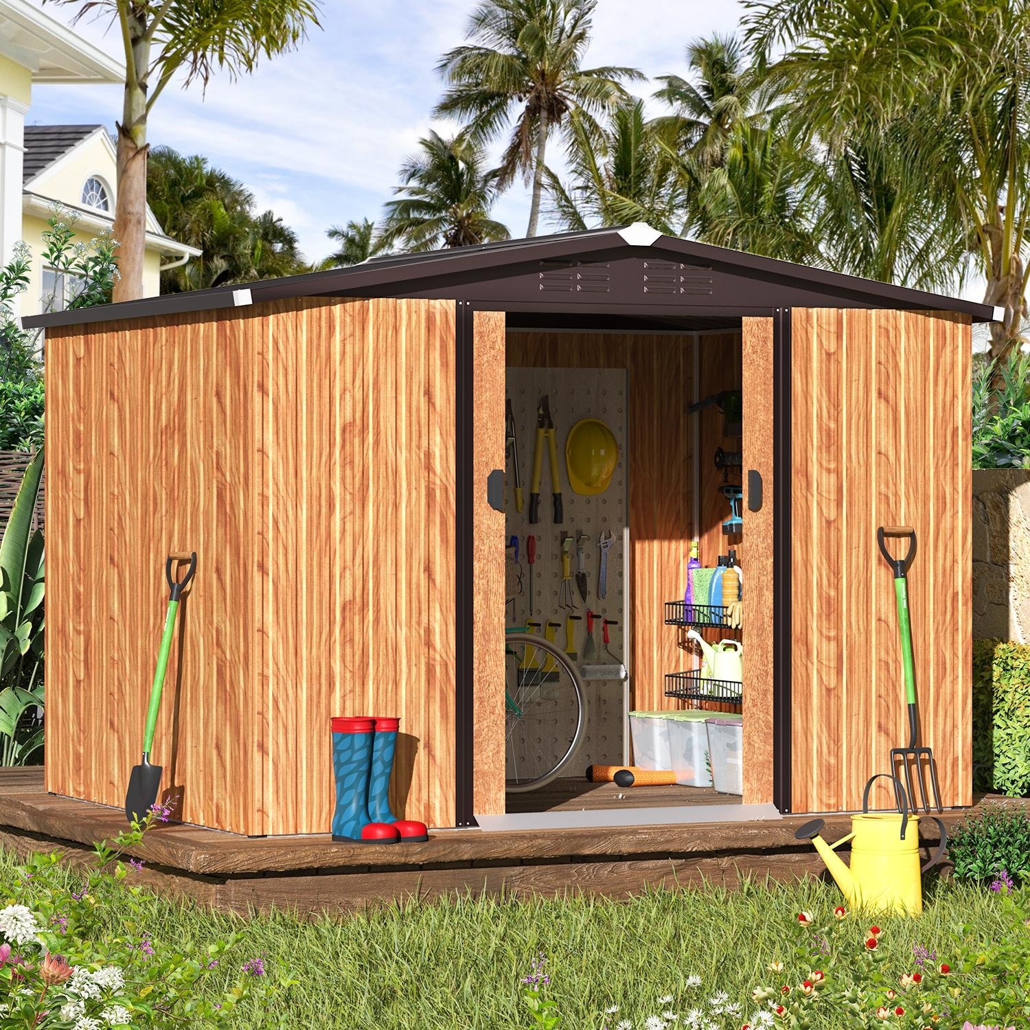 AECOJOY 8 x 6 ft. Outdoor Metal Storage Shed with Lockable Door Patio Garden Storage Building for Outside
