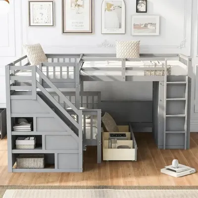 L-Shape Triple Bunk Bed with Stairs and Desk, Wooden Twin-Over-Full Design, Includes Storage Wardrobe, Shelves, and Drawers,