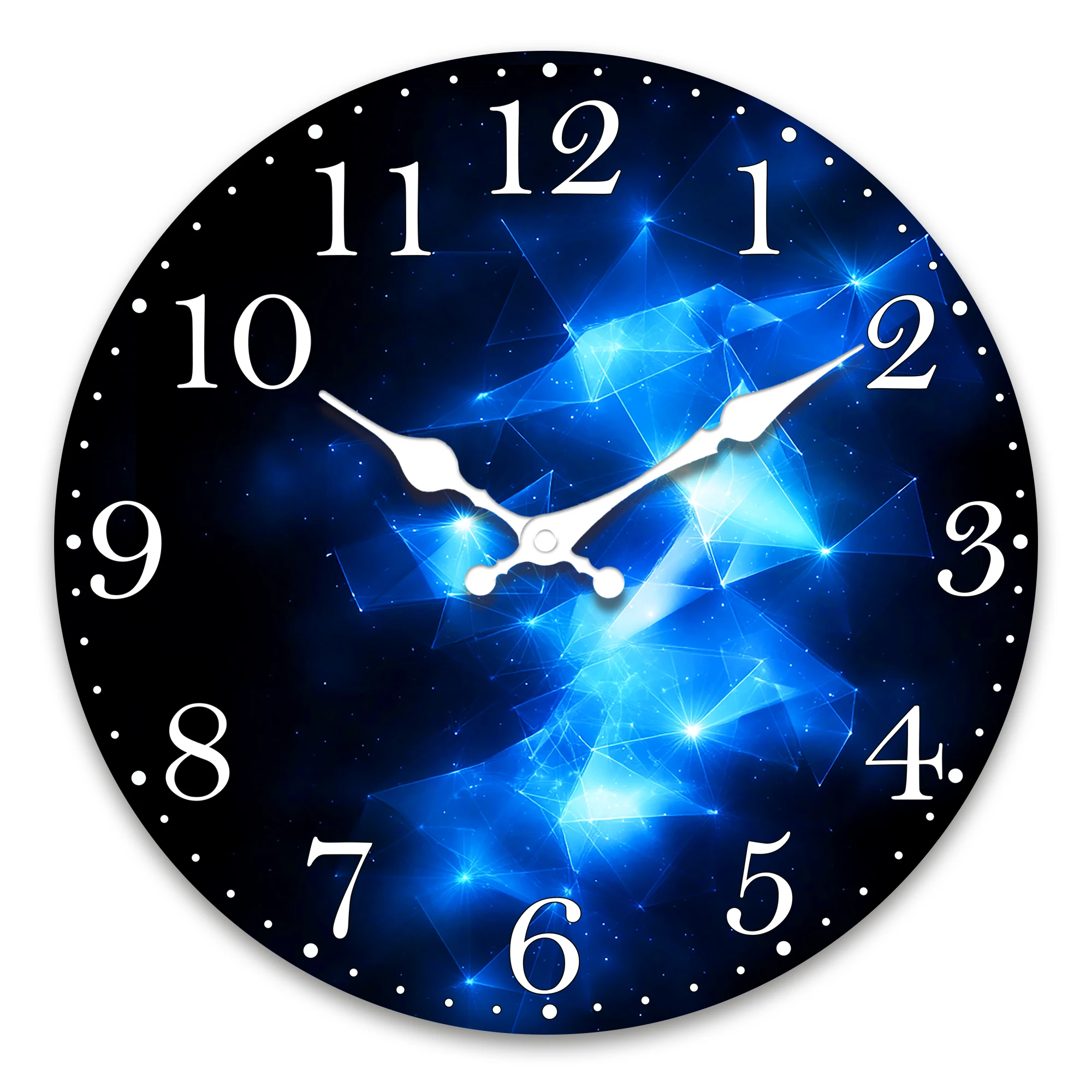 Verträumte blaue Sternenhimmel-geometrische Holz-Wanduhr, geräuschloser Quarz, Wohn-/Schlafzimmerdekoration, 25,4–16 Zoll (Batterien nicht im Lieferumfang enthalten) Image