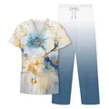 Donne Moda 3D Uniformi con stampa floreale Set Tasca superiore Pantaloni in vita elastica Set da lavoro in due pezzi Scrub per capelli non appiccicosi Set da infermiera