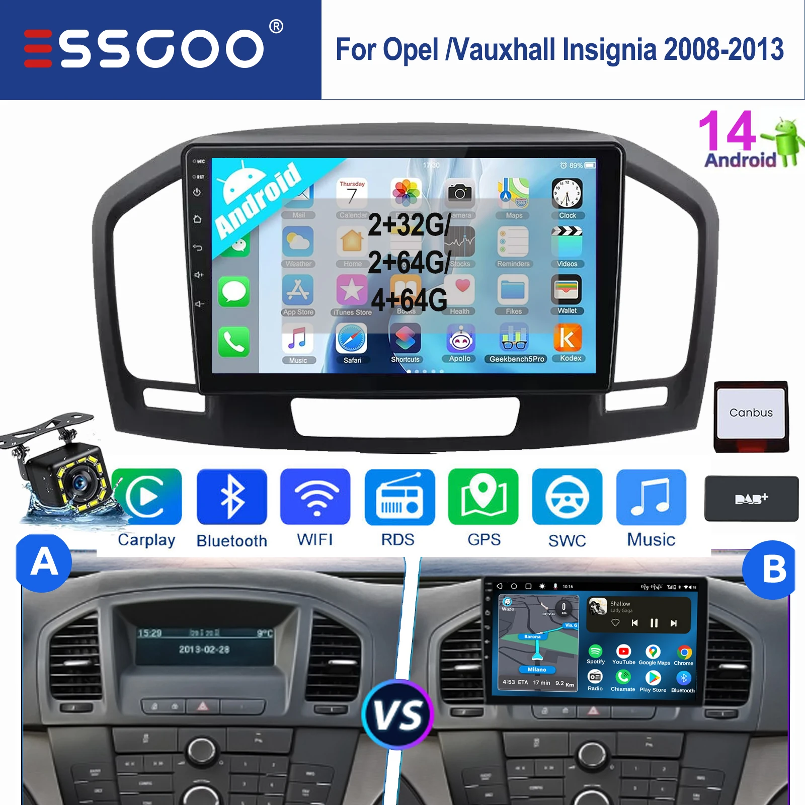 ESSGOO Android 14 2 DIN Autoradio 9 Zoll IPS Touchscreen Multimedia Player Für Opel Insignia 2008-2013 Wireless Carplay Android Auto GPS Navigation WIFI Bluetooth Mirror Link FM SWC RDS ASP Sound Image