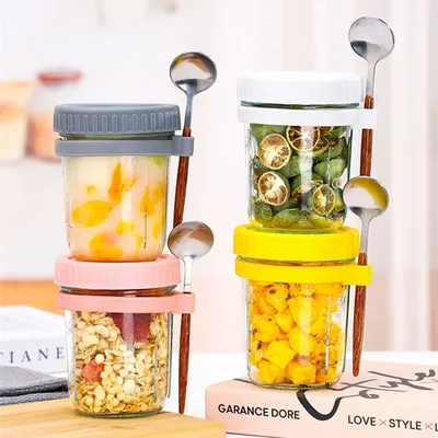 Overnight Oats Container with Lid and Spoon 350ML Airtight Oatmeal Container with Scale Portable Fruit Salad Food Storage Box
