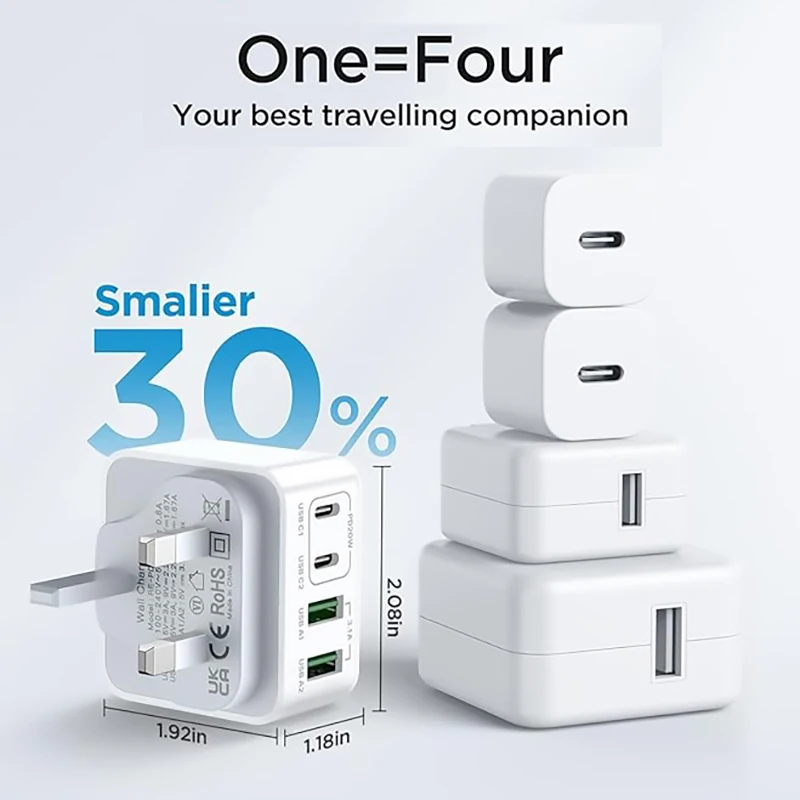 1 Stück 40 W UK-Stecker 4-Port schnelles USB-C+USB-A-Ladegerät, Dual-Port-PD-Netzteil-Wandladegerät, für iPhone 16 15 14 13 12 11 Pro Max Image