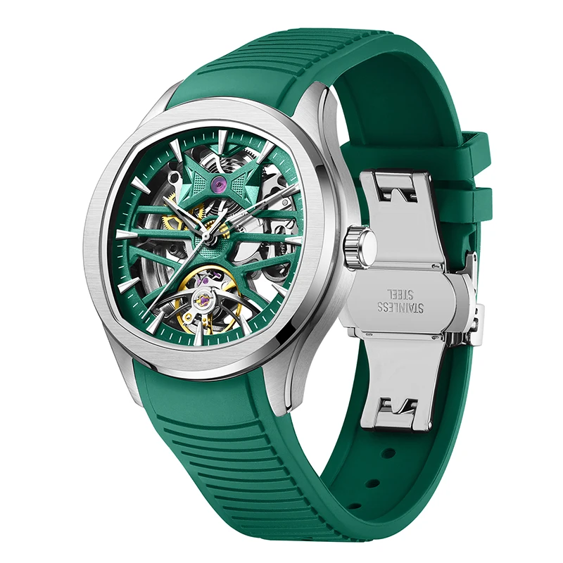 Luxuriöse wasserdichte automatische mechanische Uhr für Herren, einfaches Skelett-Design, Silikonarmband, Outdoor-Uhr, günstiges Großhandelsgeschenk Image
