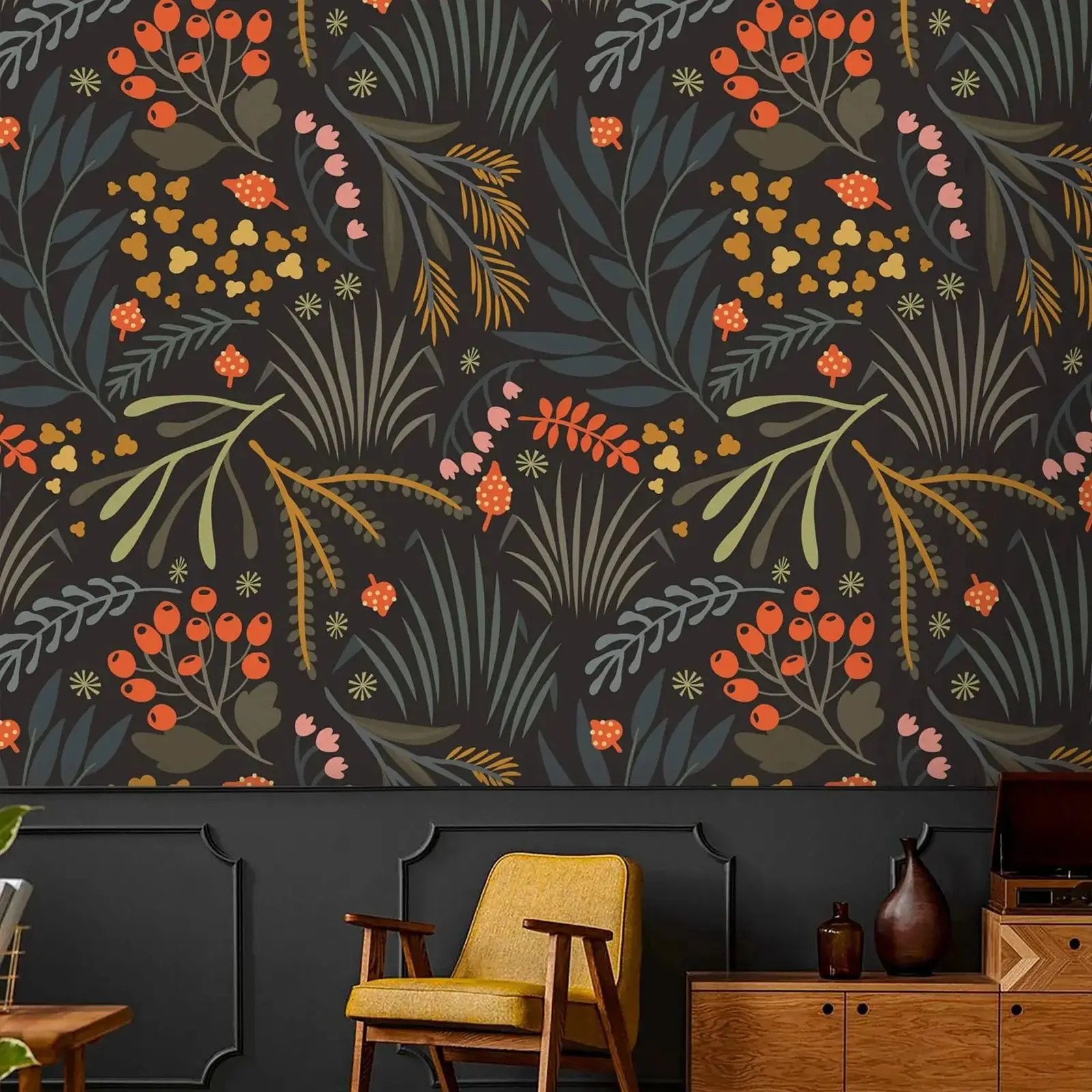 Blätter dunkle botanische Tapete, abziehen und aufkleben oder traditionelle Vliestapete für Heimdekoration, Kräuter-Wandabdeckung im Vintage-Stil Image