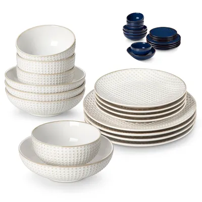MALACASA LYDIA 16 Piece Ceramic Dinnerware Set Modern Relief Design with 4/8 pcs Dinner Plate/Dessert/Soup/Cereal Bowl