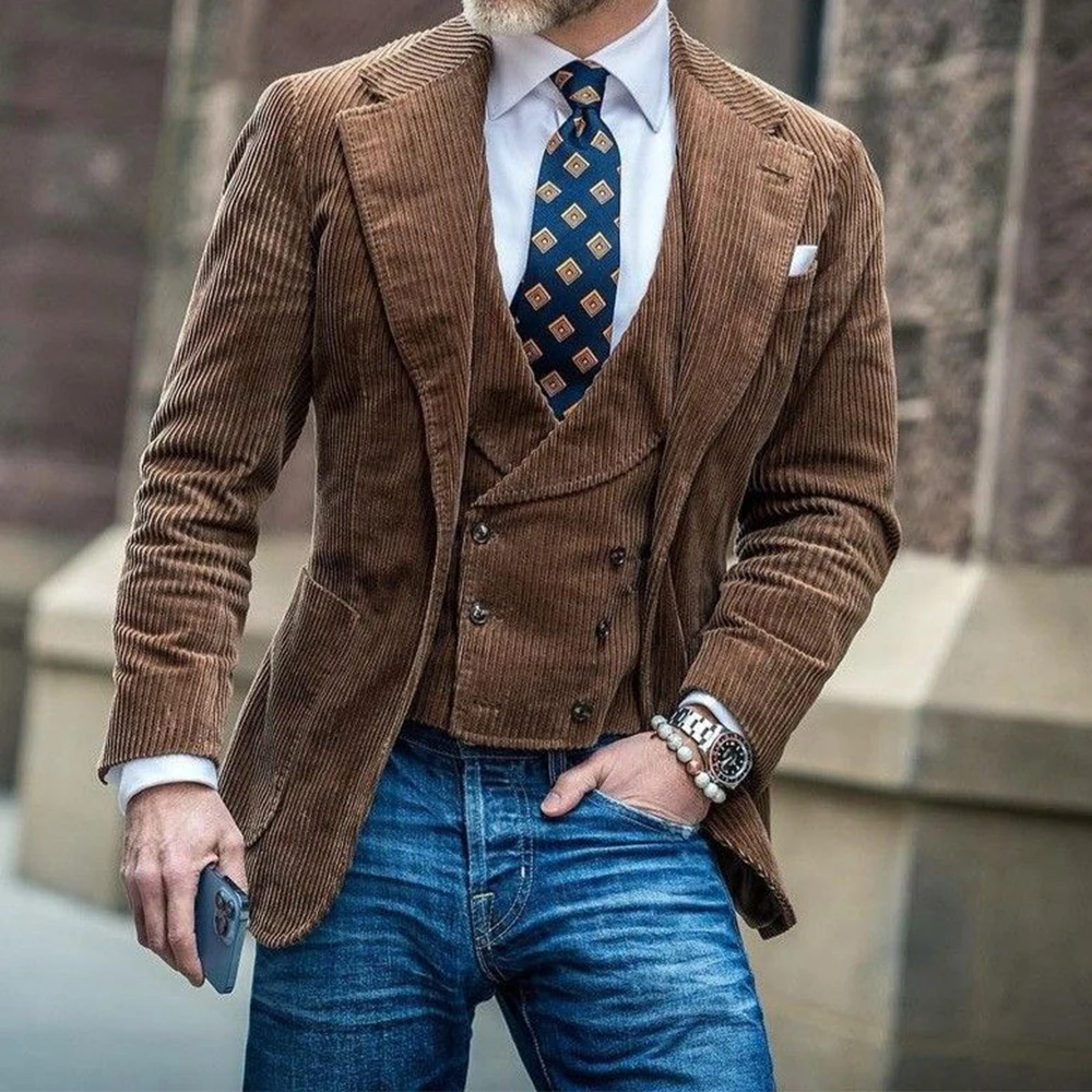 Cord-Blazerjacke für Herren, Beige, schmale Passform, bequem, elegant, Business-Casual-Anzugmantel mit großen Taschen, stilvolle formelle Herrenjacke