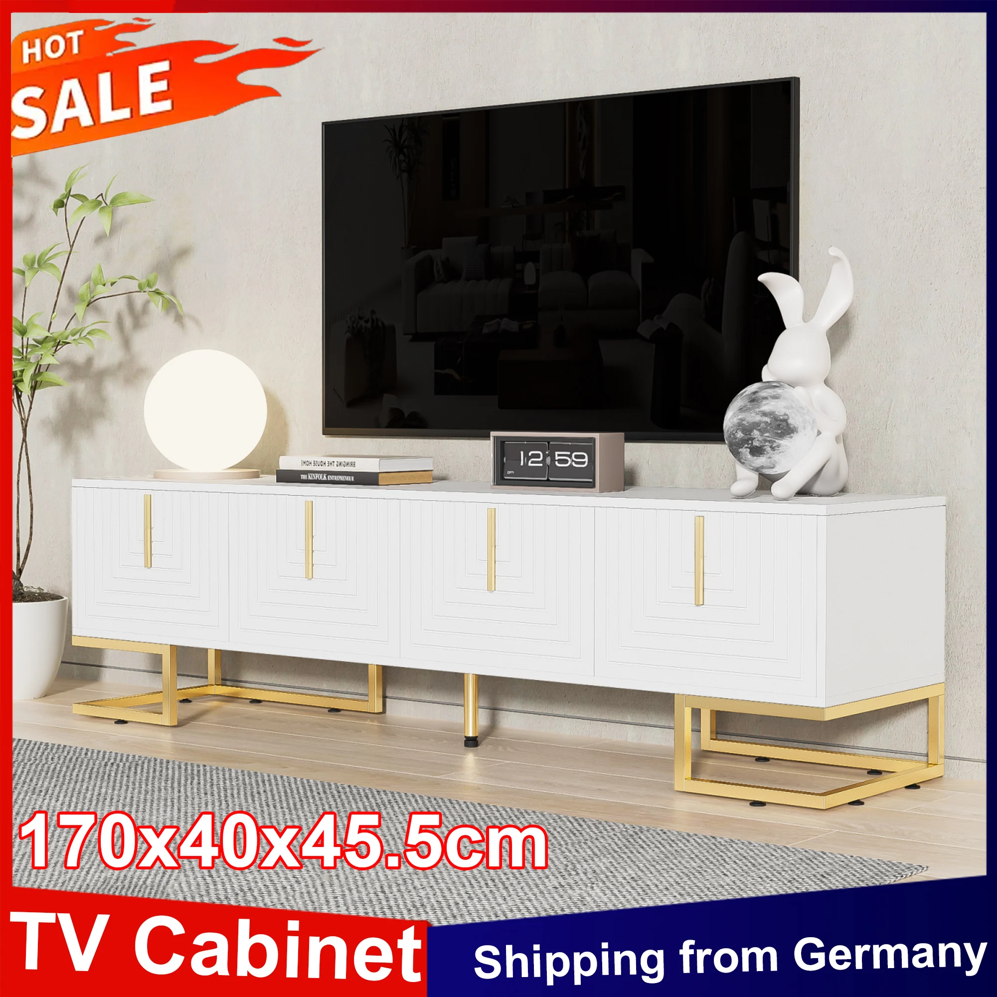Anajqaqia TV-Schrank 170 x 40 x 45,5 cm, Lowboard mit strukturierter Tür, TV-Möbel mit goldenen Griffen und goldenen Füßen für Wohnzimmer, Weiß Image