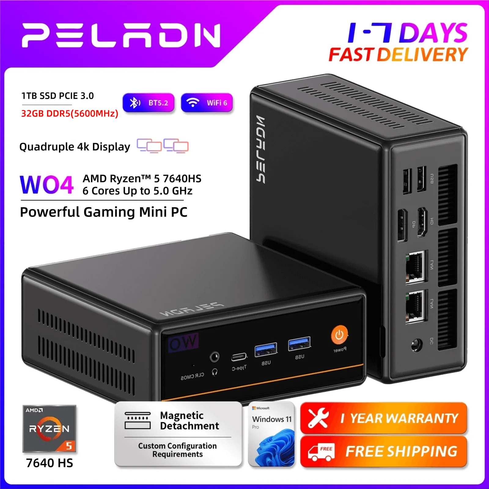 PELADN Gaming WO-4 Mini-PC AMD Ryzen 5 7640HS (6 Kerne, bis zu 5,0 GHz), 32 GB Dual DDR5 1 TB PCIe3.0 SSD Vierfach-4K-Display-Unterstützung Image