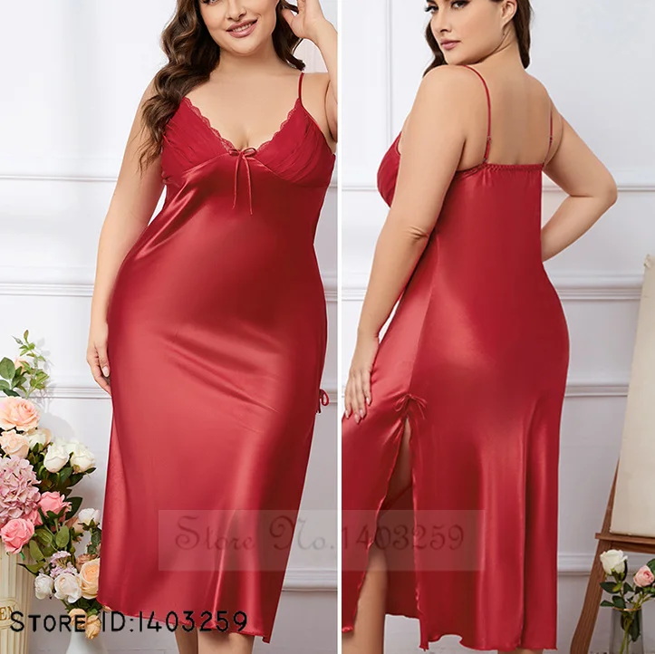 Plus Größe 3XL Lange Nachthemd Weibliche Chemise Nachtwäsche Sexy Patchwork Spitze Hosenträger Nachthemd Intime Dessous Satin Homewear Image