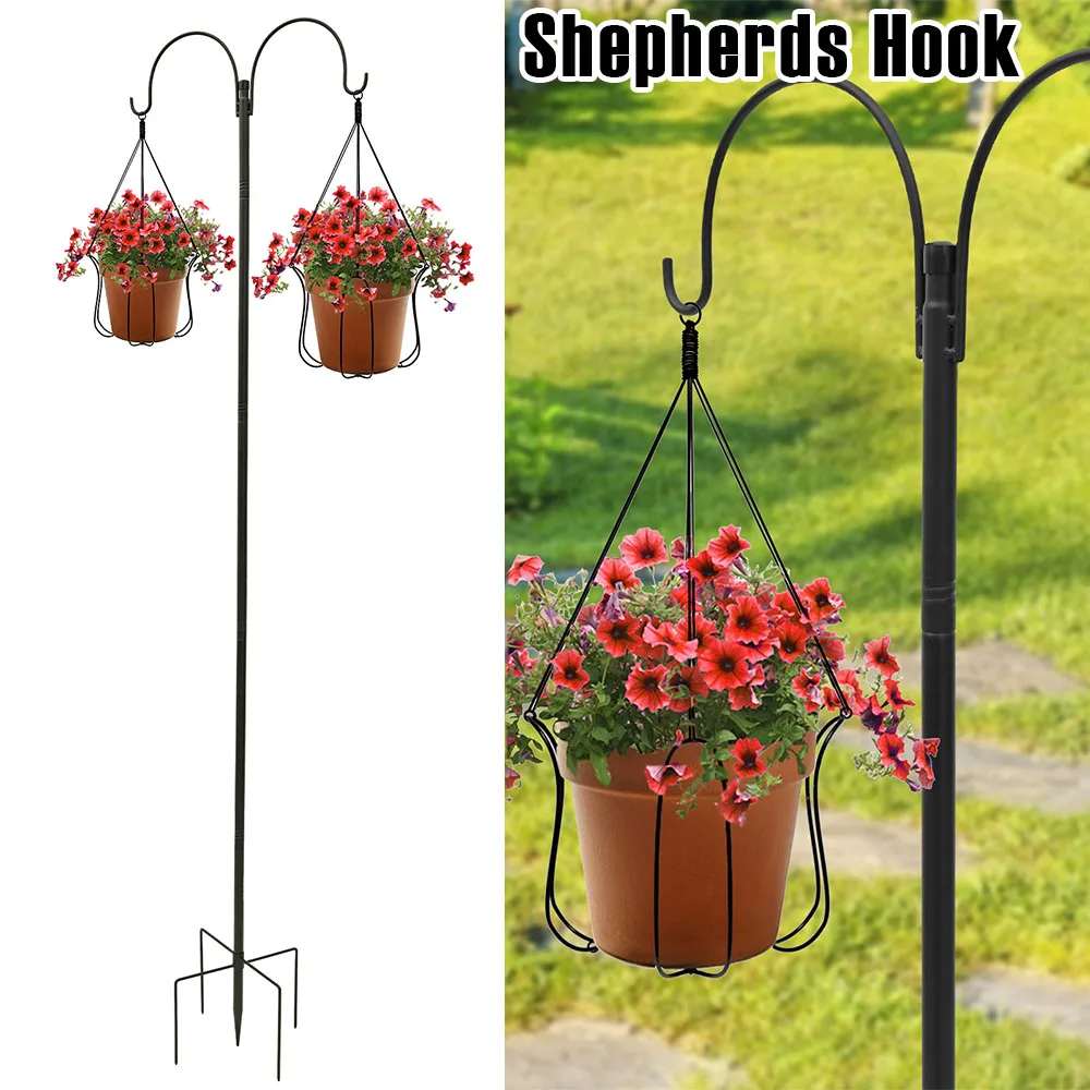 185 cm Hirten-Haken, Metall-Doppelhaken, Vogelhäuschen-Aufhänger, höhenverstellbarer Blumentopfhalter für Rasen- und Gartendekoration im Freien Image