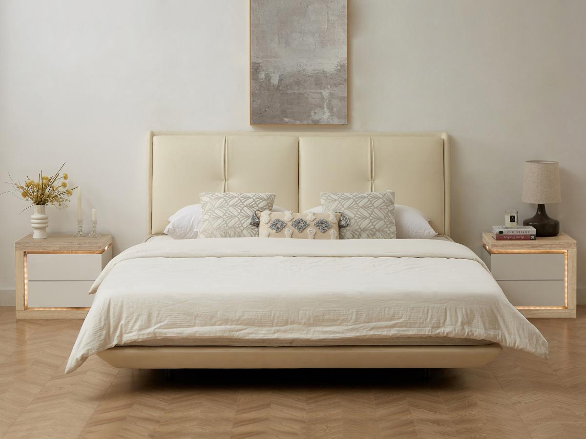 Comodino lato sinistro con 2 cassetti Con LED Bianco laccato e Naturale - FLARANCIA