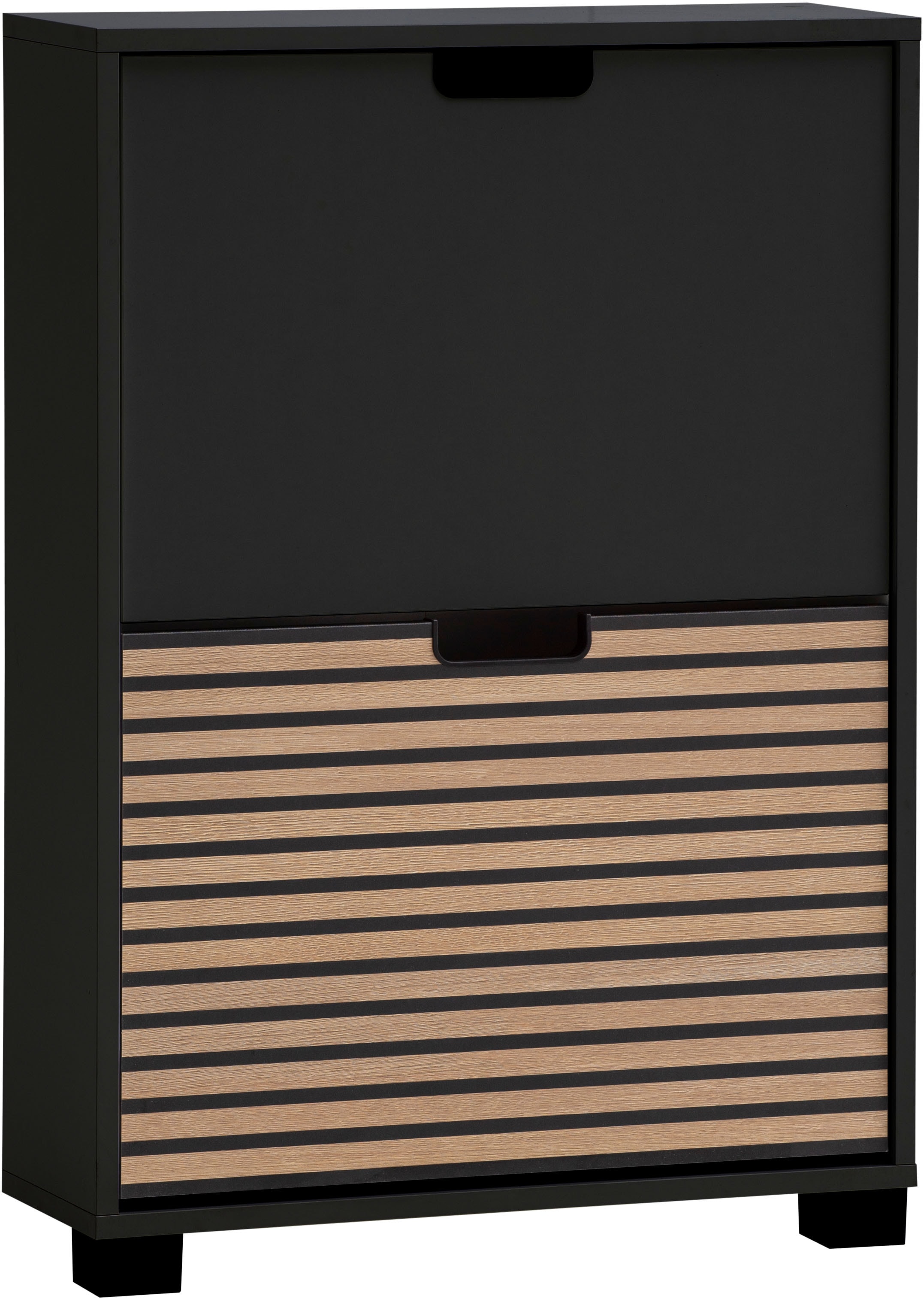 Schuhschrank SCHILDMEYER "Ryker Schuhschrank, Breite 59 cm", schwarz, B:59,8cm H:85,2cm T:19,55cm, FSC-zertifizierter Holzwerkstoff, Schränke, Schuhschrank, eine Klappe in Akustikplatten-Optik, Platz für 6 Paar Schuhe