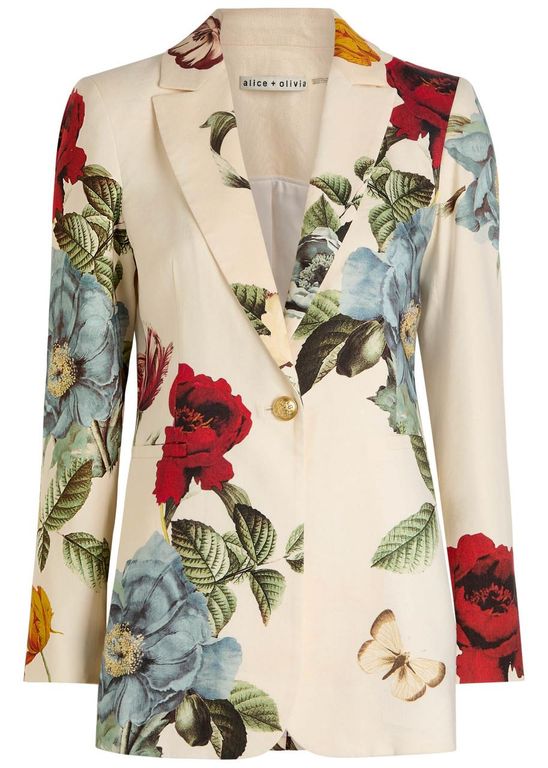 Breann Floral Linen-Blend Blazer - White - Alice + Olivia Jackets