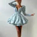 Trendix robe imprimée florale pour les femmes automne Sexy profond V Nekc pansement à manches longues robes courtes à lacets élégant robe à volants 2025