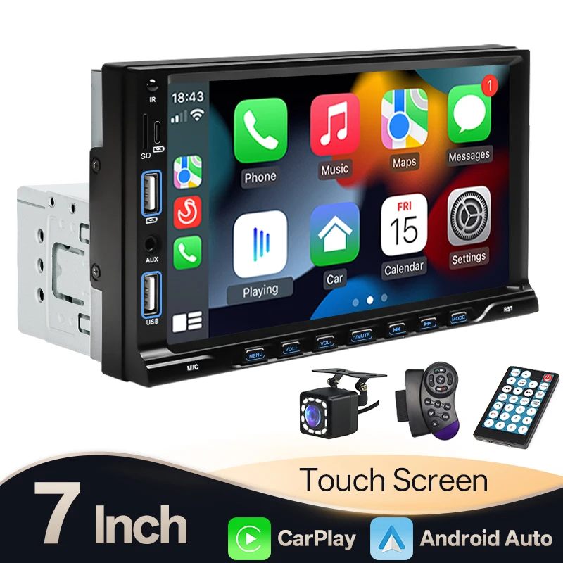 Hippcron 7 "Autoradio 1 Din Carplay Android Auto MP5 Multimedia Bluetooth Player Dual USB Typ-C Telefon Lade Spiegel Link TF Image