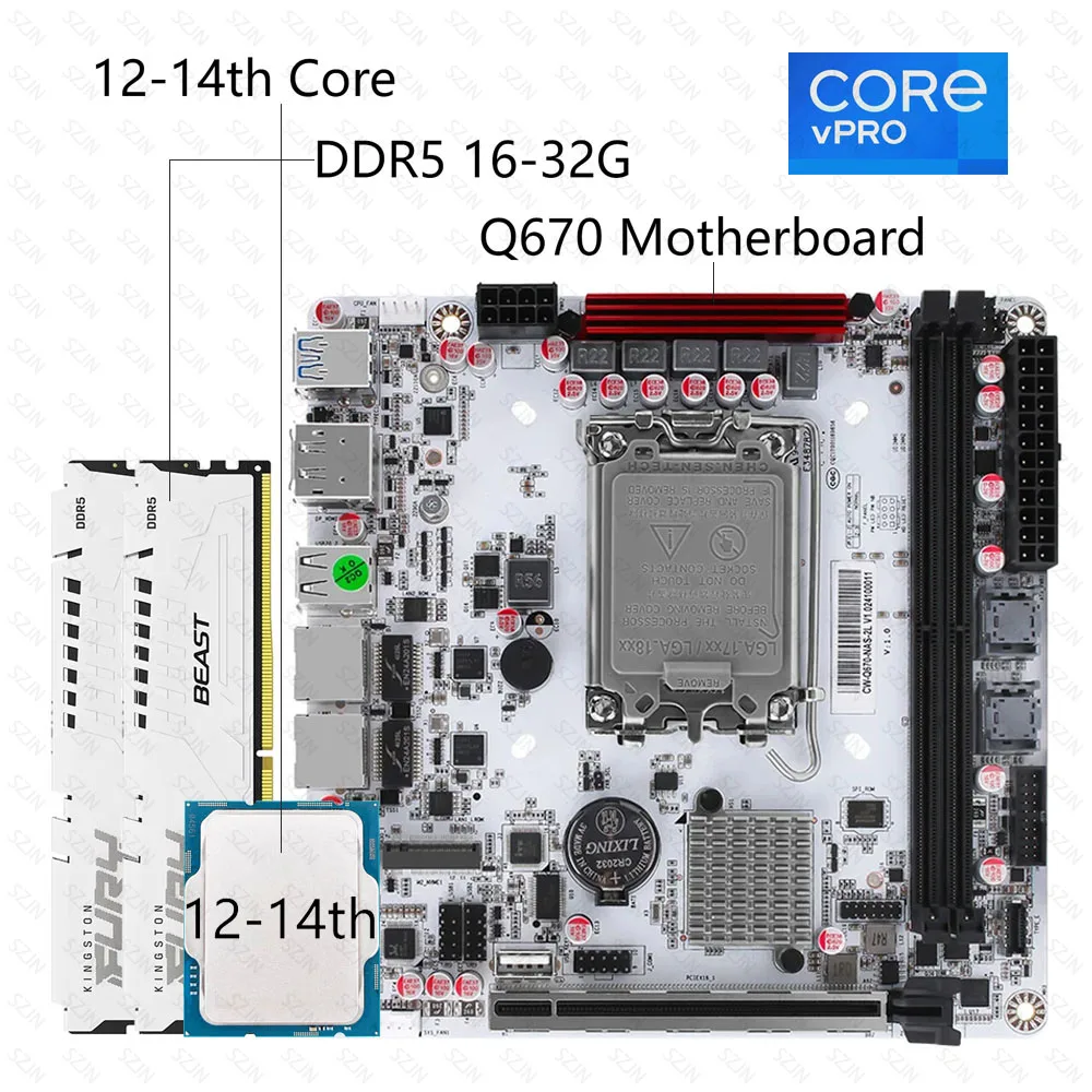 Q670 ITX Motherboard NAS-Set mit 12-14. Core DDR5 16-32G, unterstützt M.2 NVME SFF-8643 VPro-Technologie, geringer Stromverbrauchs-Kit