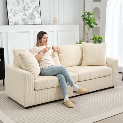 HOMCOM 212 cm Upholstered Jumbo Cord Sofa Couch with Spring Cushion, Cream