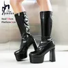 Frühling Herbst Frauen Mid-Kalb Stiefel Fashion Square Toe Party Chunky Heels Weibliche Goth Stiefel Mujer Große Größe 35-46 Plattform Schuhe