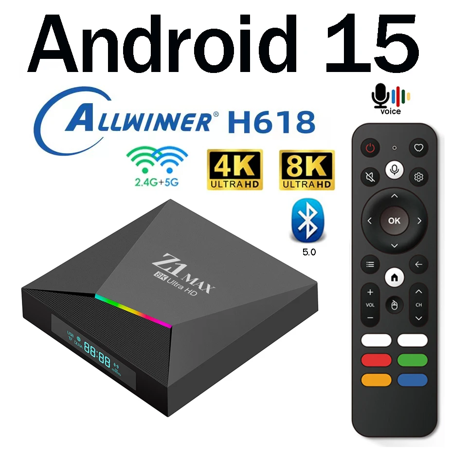 Z1 Max Smart TV Box HD 8K 4K 4 5G WiFi BT5.0 100M LAN Sprachassistent Android 15.0 Allwinner H618 TV Box Set Top Box IPTV Image