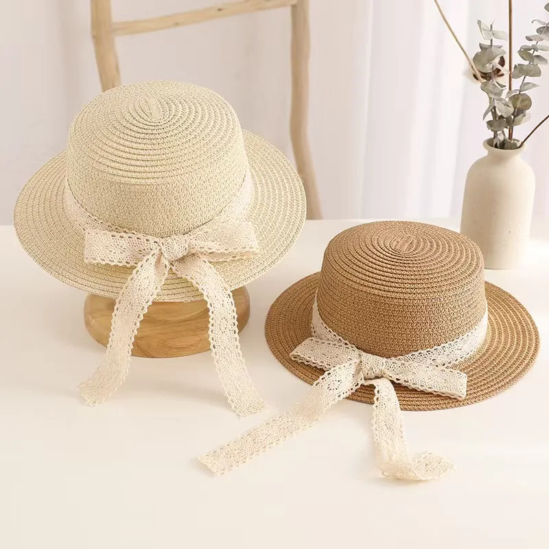 1PC Sommer Baby Stroh Hut Koreanische Spitze Bogen Mädchen Sonnenblende Kappe Im Freien Kinder Sonnenschirm Strand Hüte Kinder Panama kappen Image