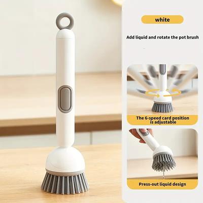 Adjustable Cleaning Brush with Liquid Dispenser Long Handle Rotating Pot Brush with Cleaning Liquid 6-Level Adjustable Handle Refillable PET Scrub Head Scratch-Free for Kitchen and Cookware Cleaning