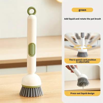 Adjustable Cleaning Brush with Liquid Dispenser Long Handle Rotating Pot Brush with Cleaning Liquid 6-Level Adjustable Handle Refillable PET Scrub Head Scratch-Free for Kitchen and Cookware Cleaning