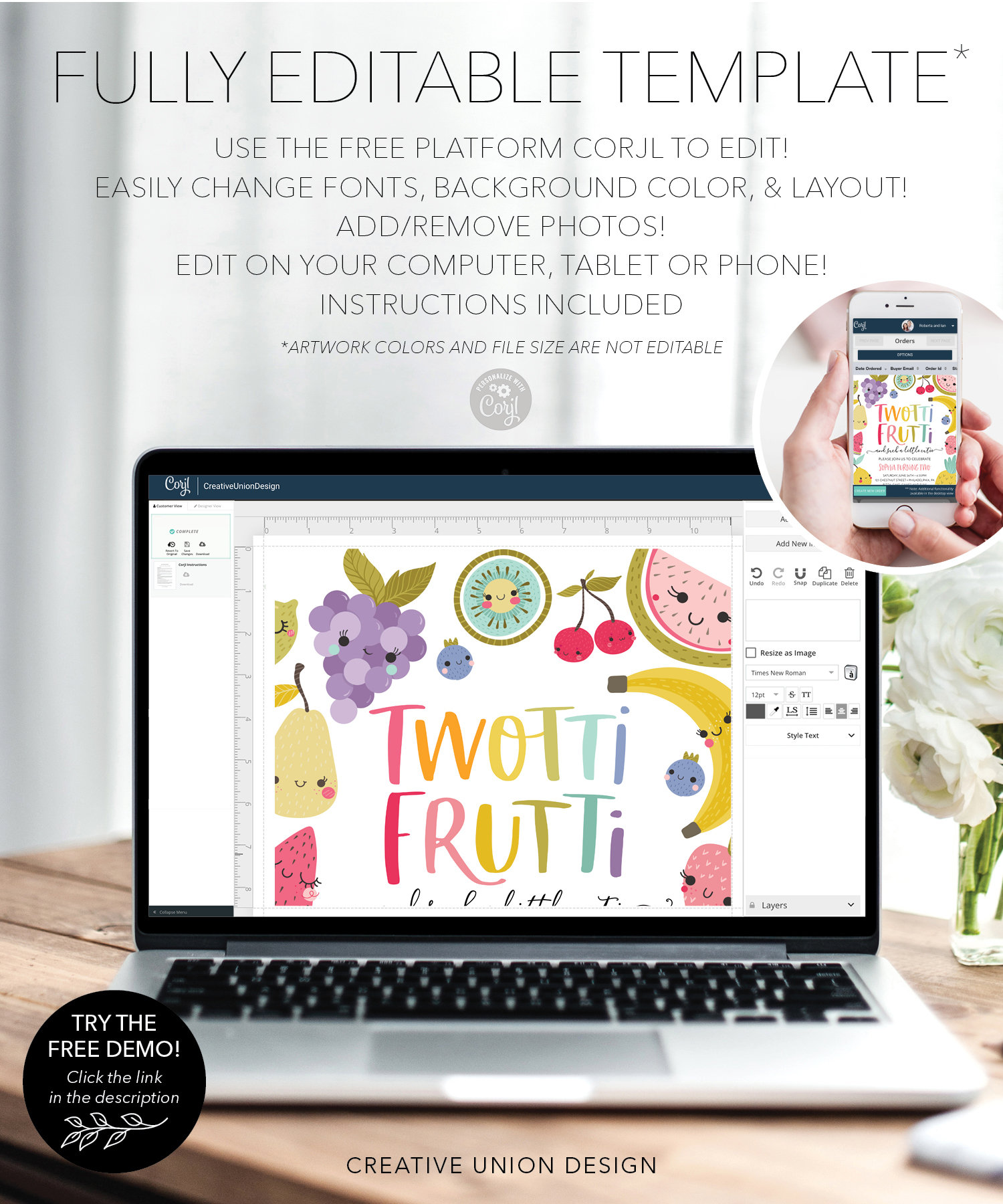 Invito di compleanno Twotti Frutti per lei, invito per il secondo compleanno, stampabile, invito modificabile per la festa di compleanno, tropicale, a