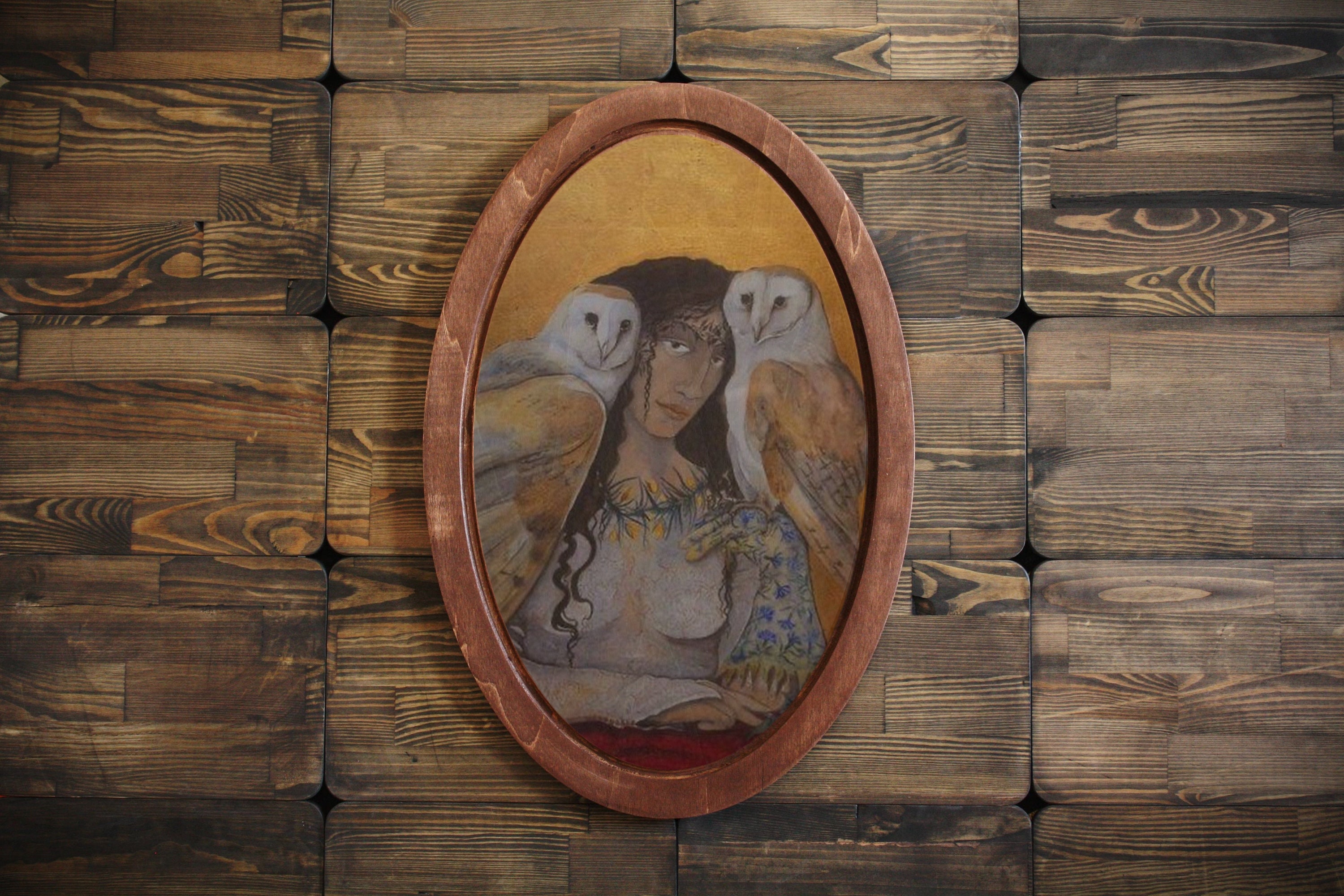 Quadro vintage con donna e gufo, targa in legno, decorazioni vintage per la casa, arte murale vintage, decorazione murale ovale, arte vittoriana, arte