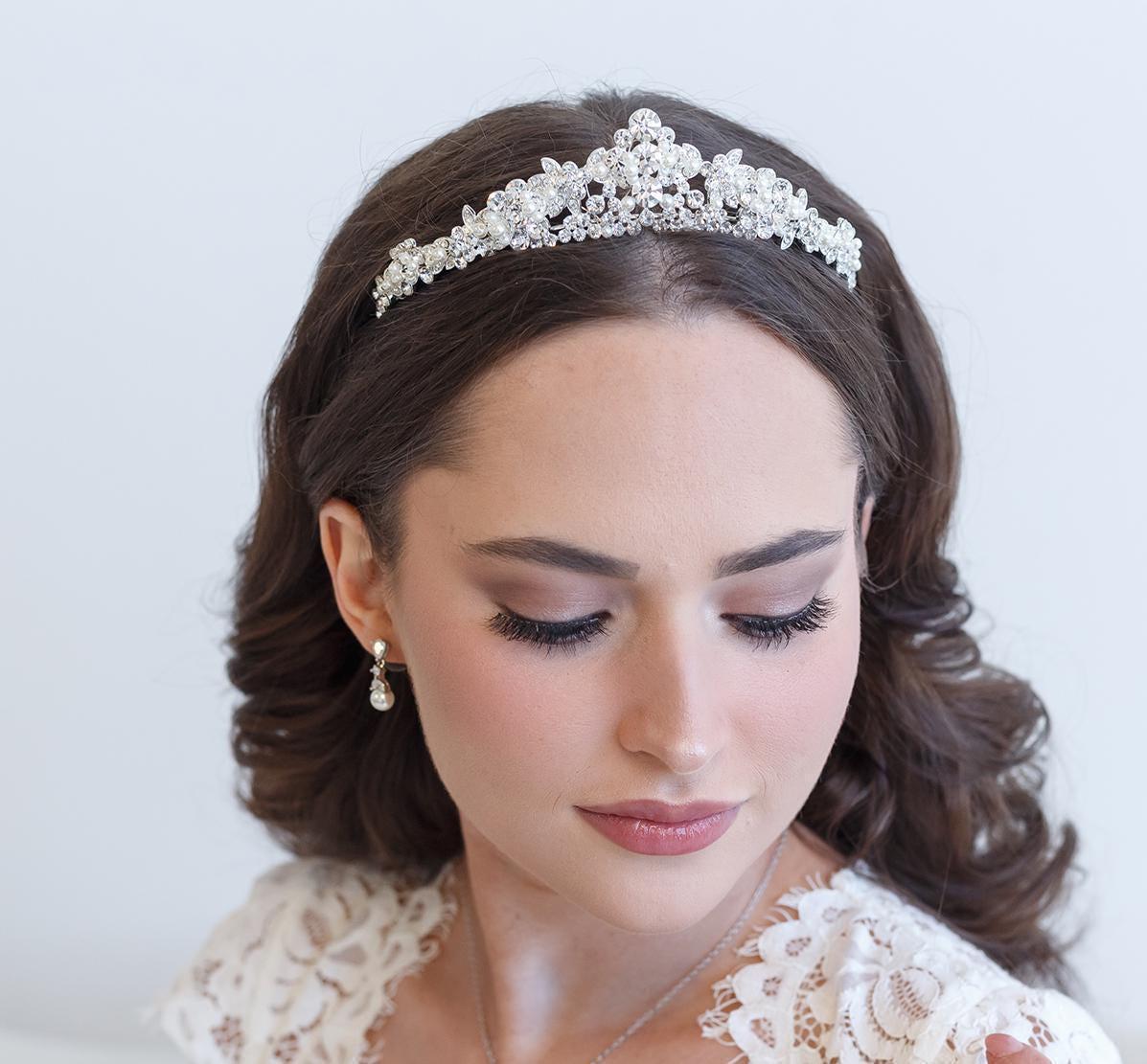 Tiara da sposa in argento con perle, tiara da sposa in perle, tiara da sposa in cristallo, tiara da sposa, tiara di perle Amelie