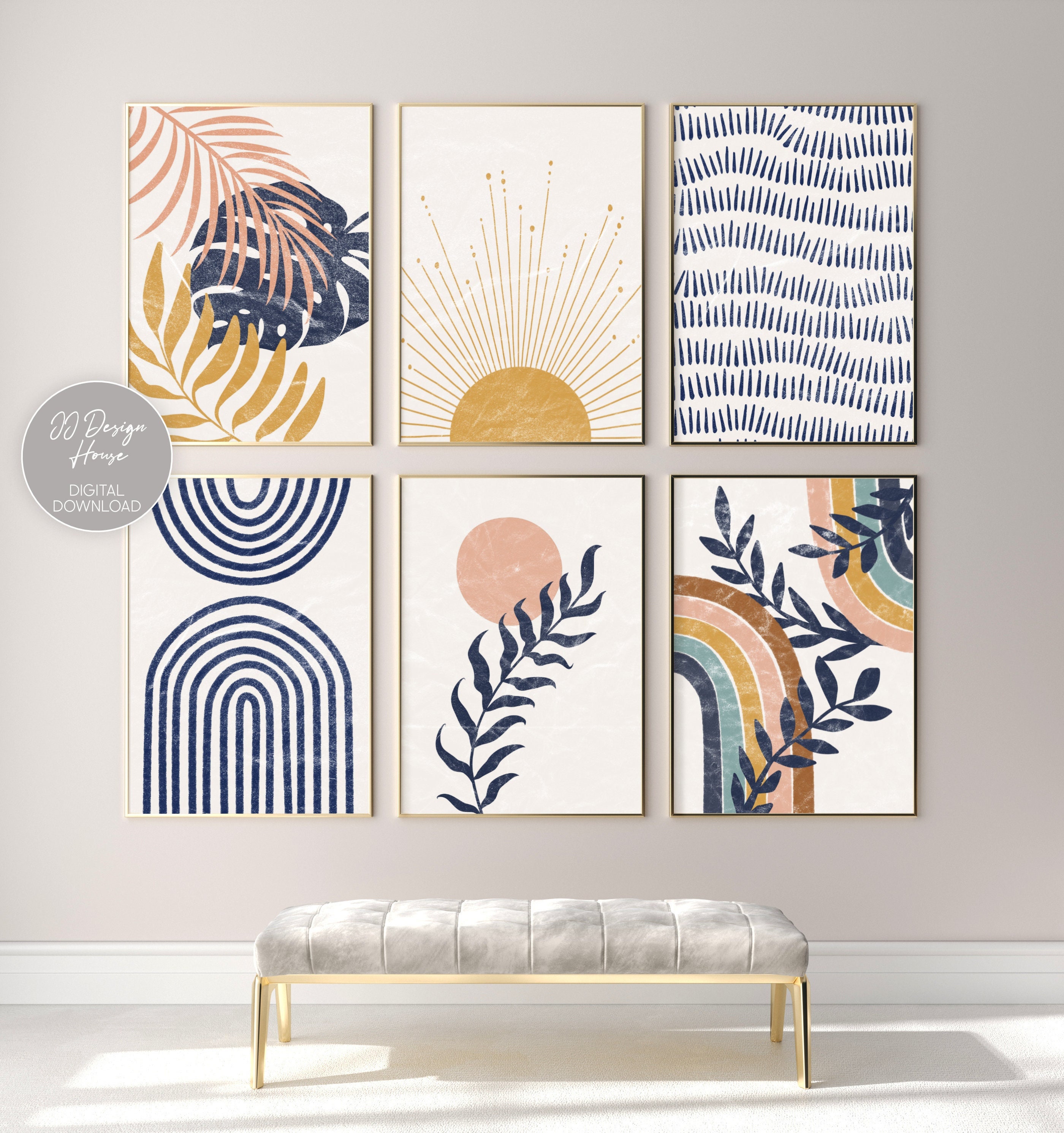 Set da parete con galleria d'arte blu navy, stampe moderne di metà secolo, stampe artistiche da parete in stile boho, stampe artistiche da parete stam