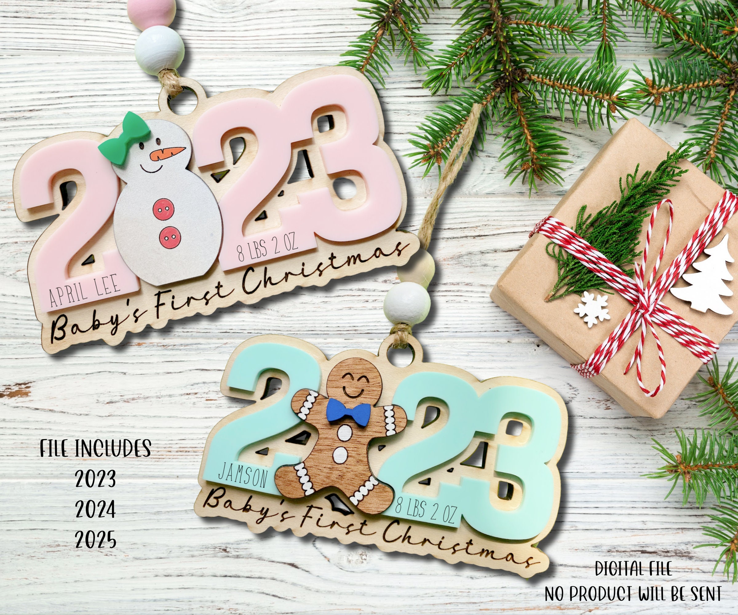 File SVG dell'ornamento di Natale del bambino, 2023 File di taglio laser SVG dell'ornamento del bambino, Snowman Baby Ornament Svg, Gingerbread Baby O