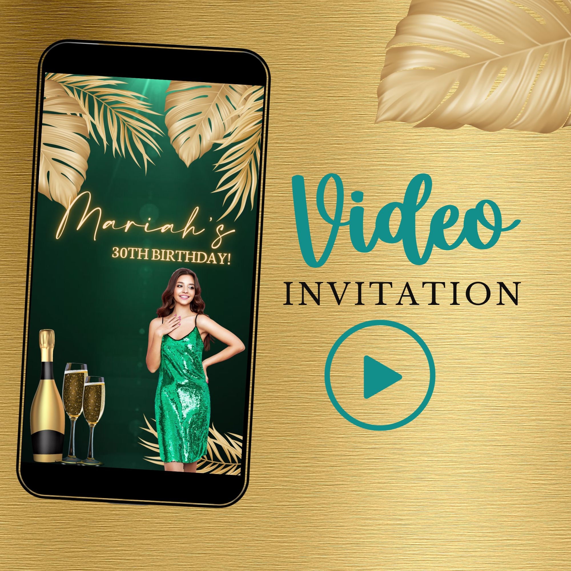 Invito di compleanno video, invito per qualsiasi età, invito video elettronico, compleanno verde e oro, invito animato, invito con foto, invito verde