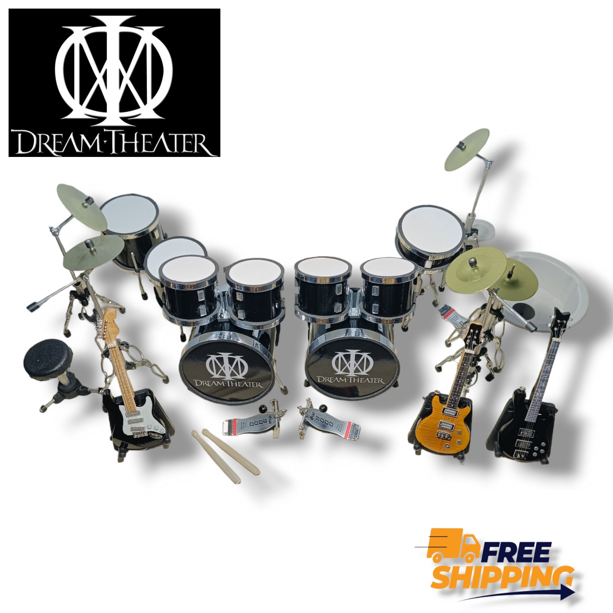 Chitarra e batteria in miniatura Dream Theater fatte a mano, replica in scala 1/12 dello strumento in miniatura