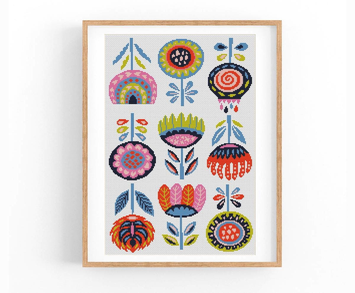 Schema punto croce arte popolare, ornamento ricamo a punto croce tradizionale scandinavo, fiore stile etnico, punto croce, arredamento per la casa PDF