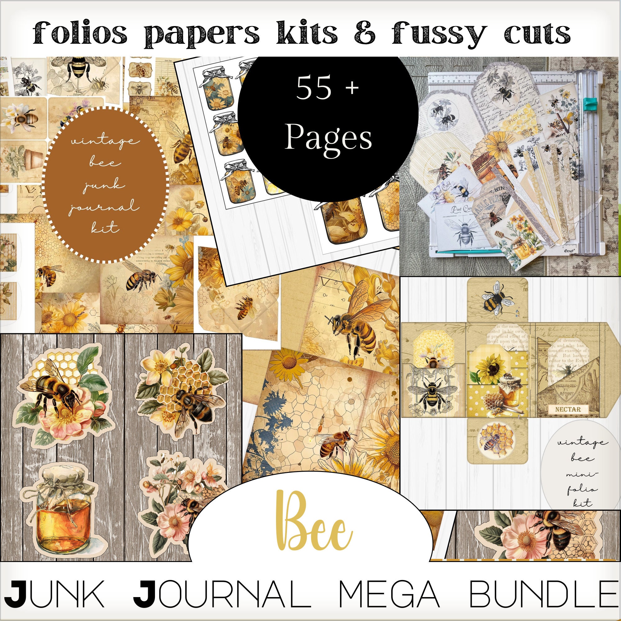 Bee Mega Bundle Junk Journal Kit - 7 kit in uno - Shabby Vintage Bee Folios Papers Tasche Tag Ephemera - Download PDF digitale stampabile