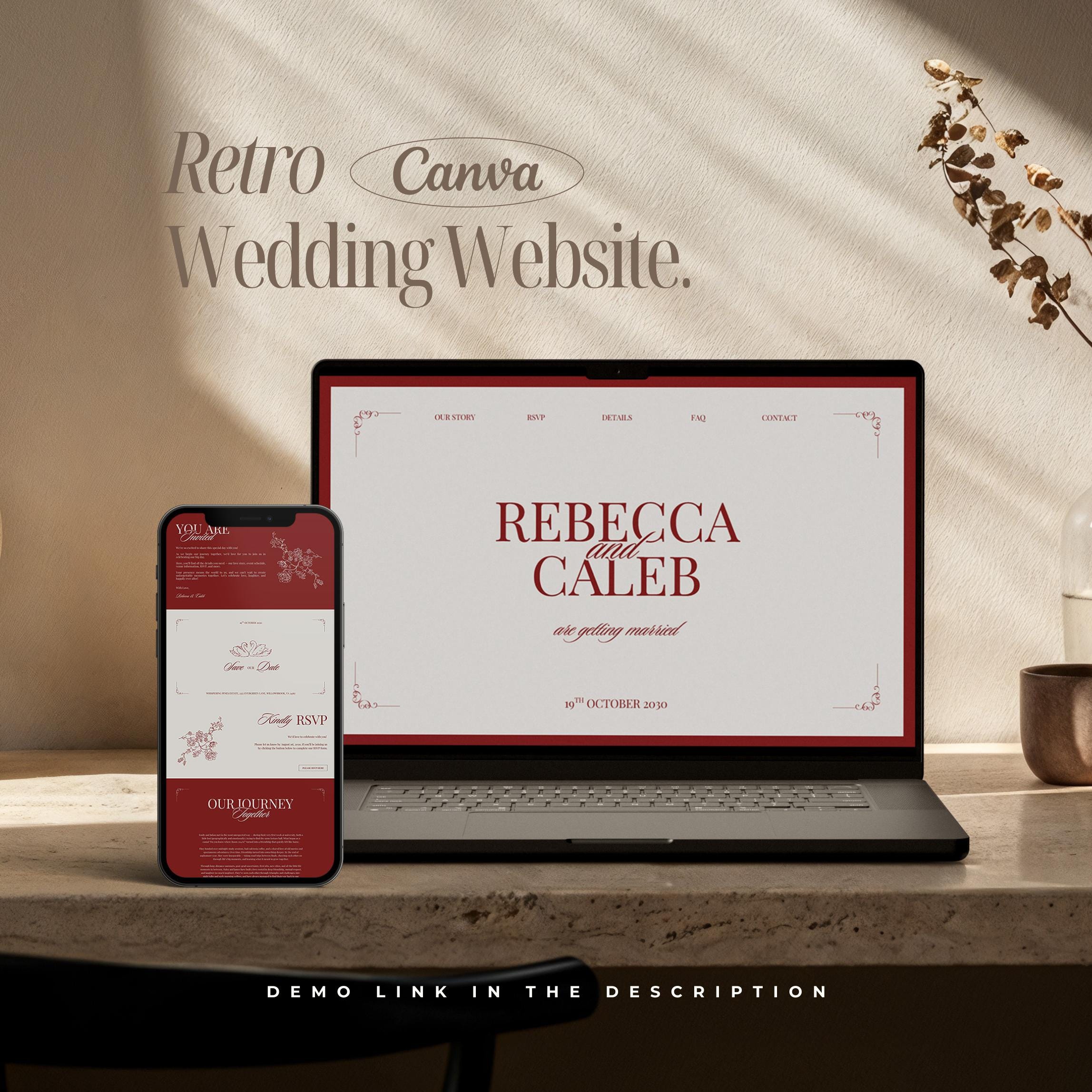 Modello di sito web per matrimonio vintage, modello di sito web per matrimonio floreale su Canva, modello di sito web RSVP, modello di invito digitale