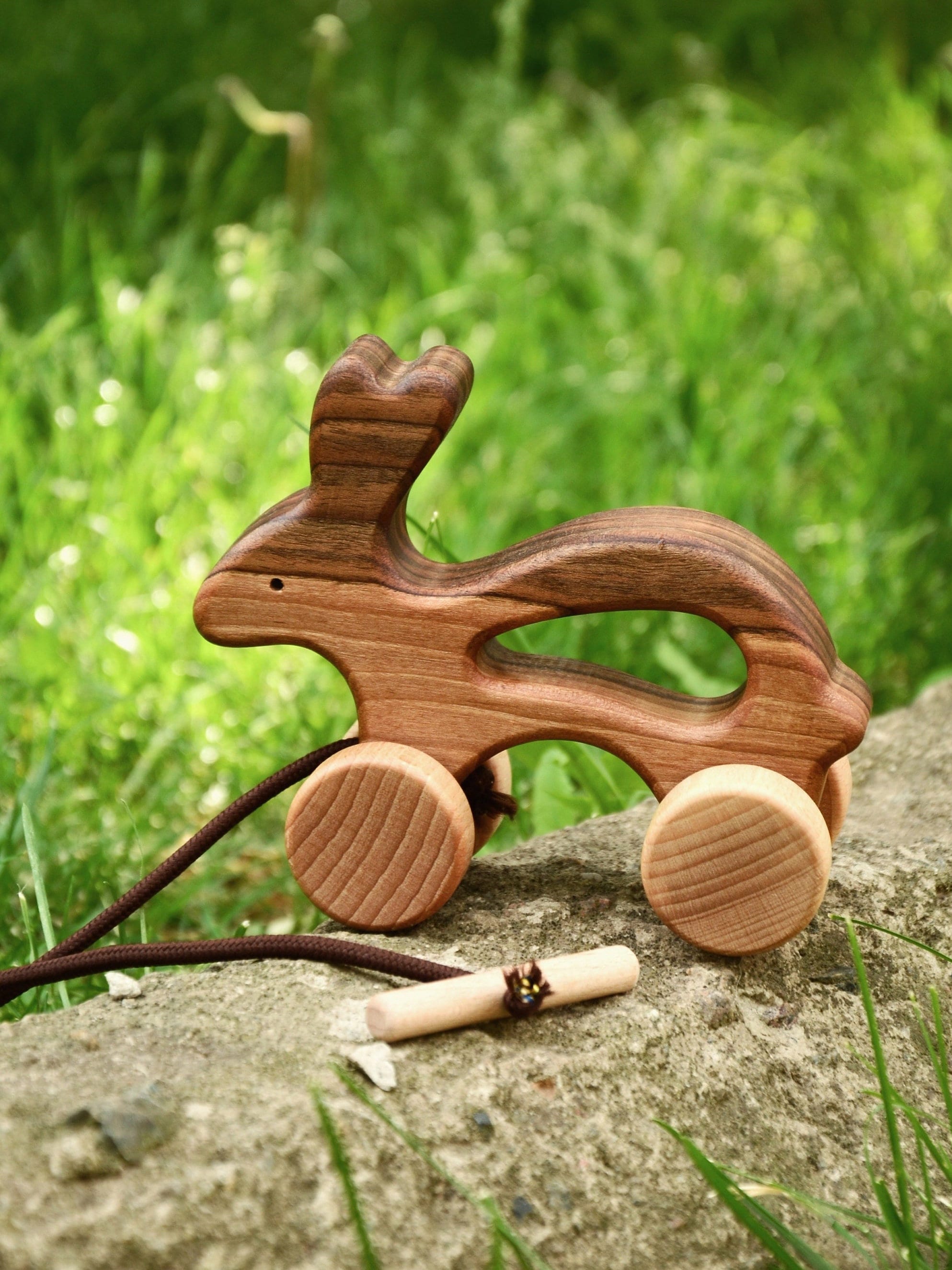 Giocattolo da tirare e spingere a forma di coniglietto in legno fatto a mano per bambini di 2-3 anni, regalo educativo Montessori Waldorf per bambini