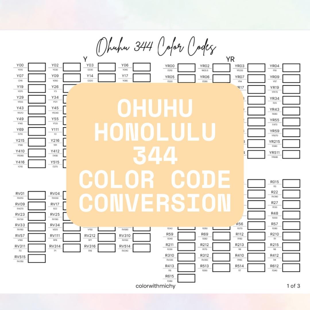 Foglio di campioni di codice di conversione Ohuhu 344 / Codici colore nuovi e vecchi, pennarelli ad alcol Ohuhu Honolulu