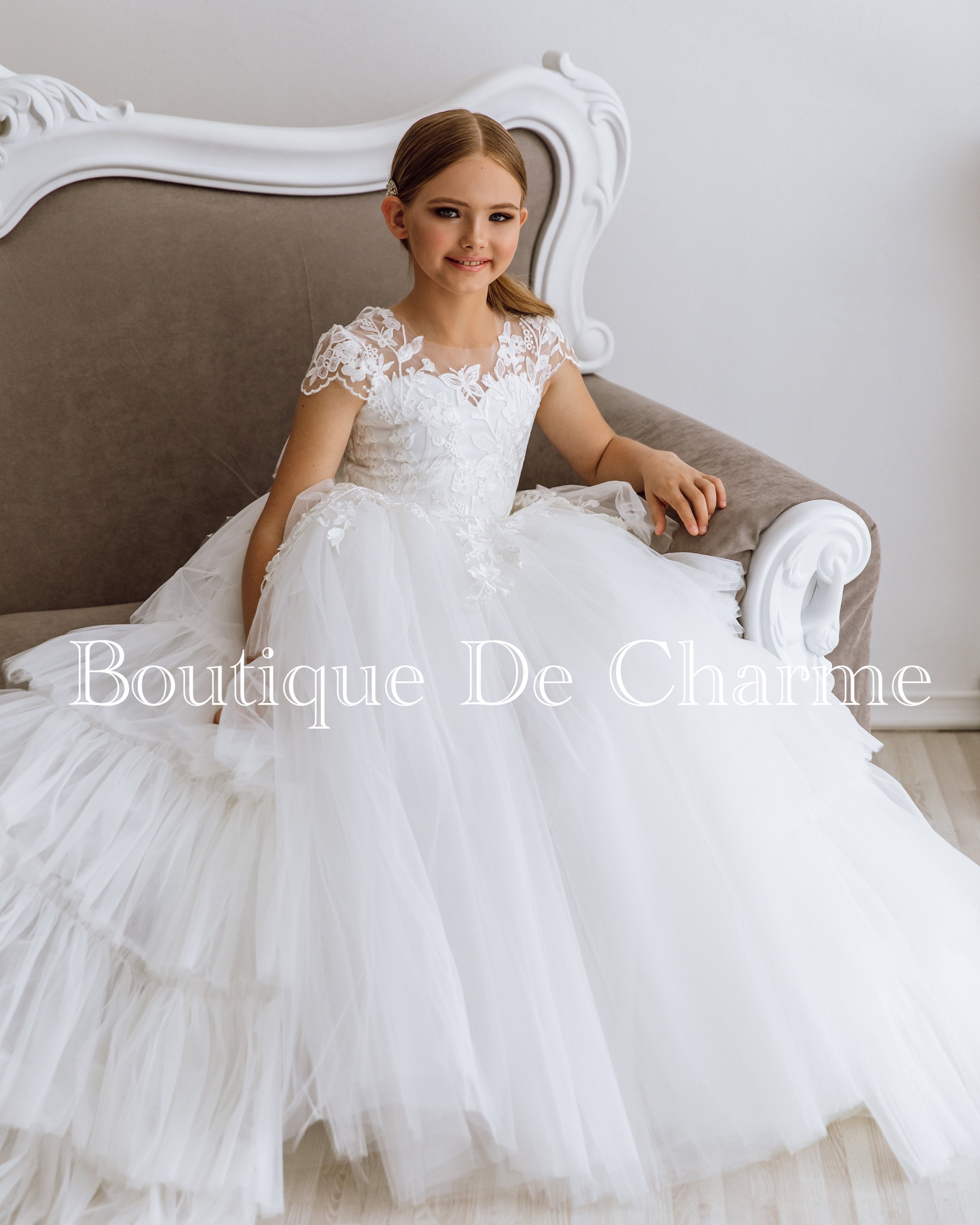 Abito da prima comunione, abito da ragazza di fiori in pizzo, abito da ragazza di fiori in tulle, treno vestito da ragazza di fiori, abito Tutu, abito