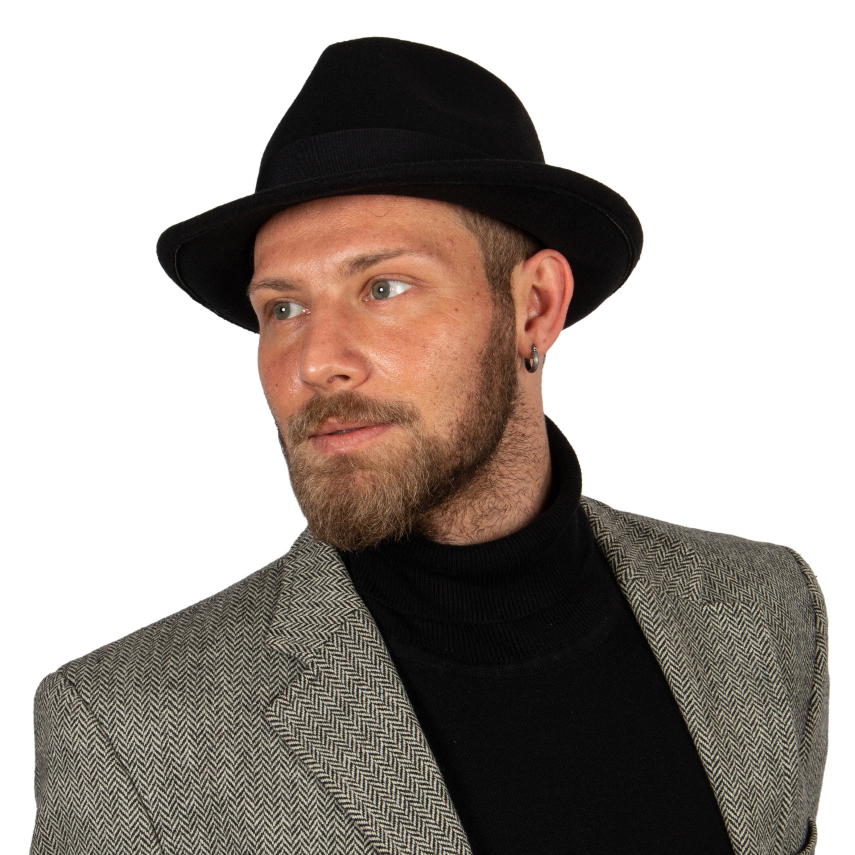 Cappello Fedora nero in pile polare, cappello invernale da uomo, cappello Fedora rigido, Fedora da uomo, cappello a tesa corta, cappello vintage, rega