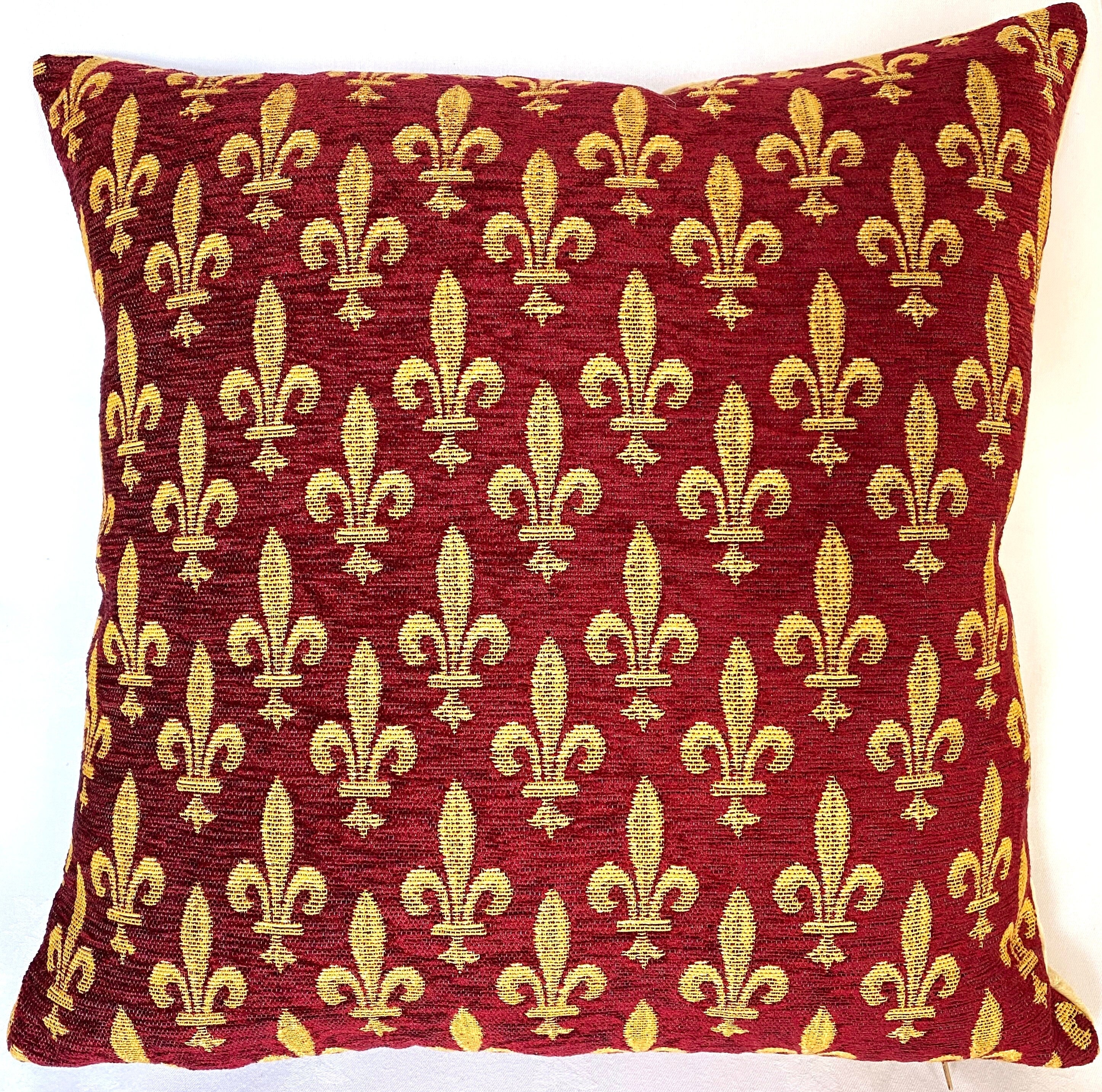 Federa per cuscino in tessuto jacquard belga con motivo arazzo, rifinita a mano, 45,7 x 45,7 cm, 46 cm x 46 cm, motivo giglio dorato su ciniglia rossa