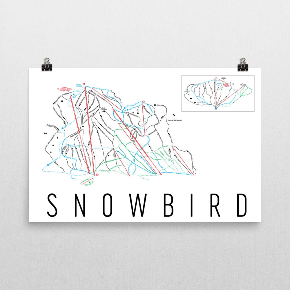 Stampa artistica della mappa della stazione sciistica di Snowbird: poster della mappa dei sentieri dello Utah