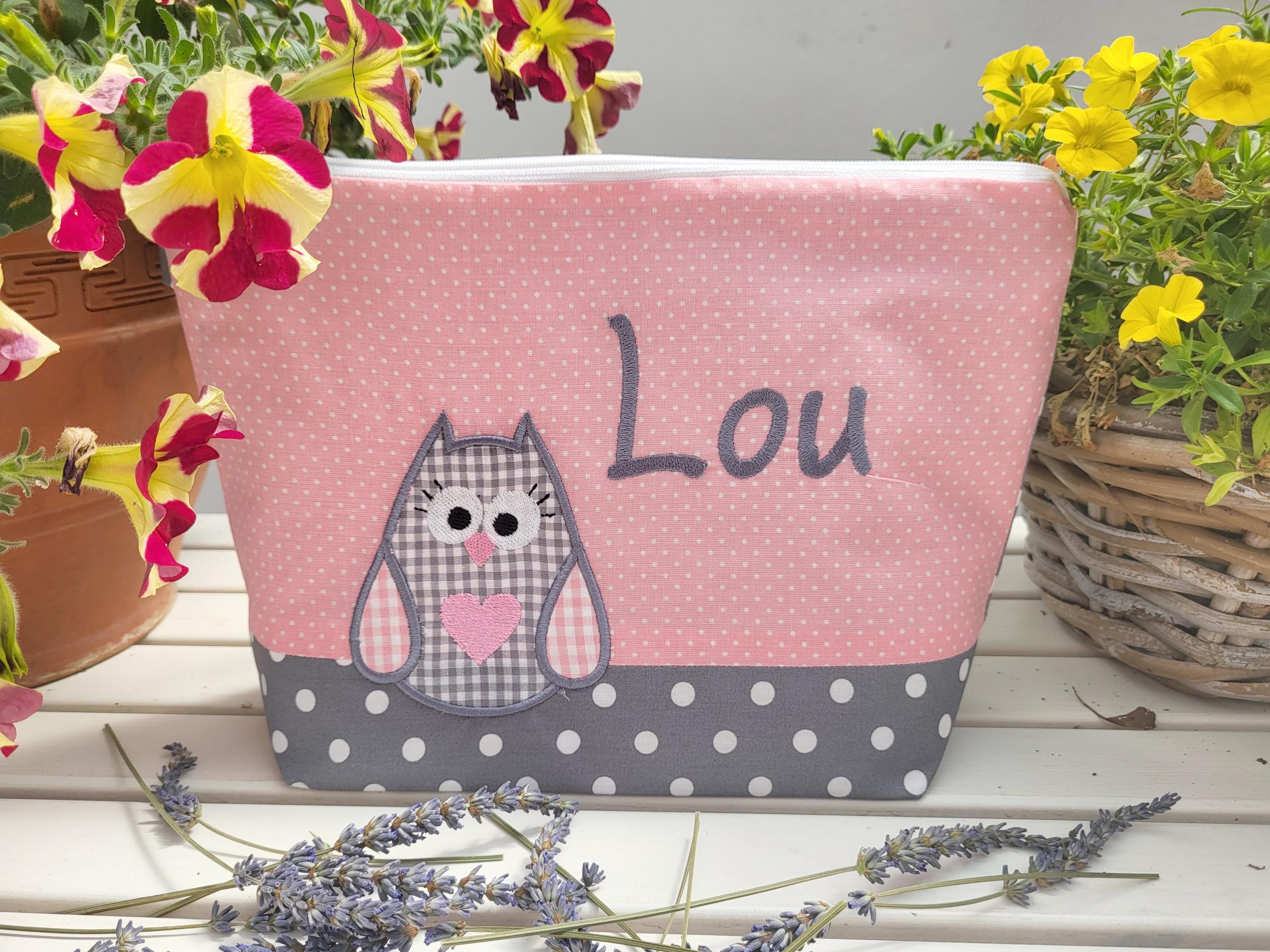 borsa ricamata GUFO + nome //grigio - rosa// borsa per pannolini borsa da toilette borsa per pannolini borsa da toilette borsa da lavaggio 20 caratter