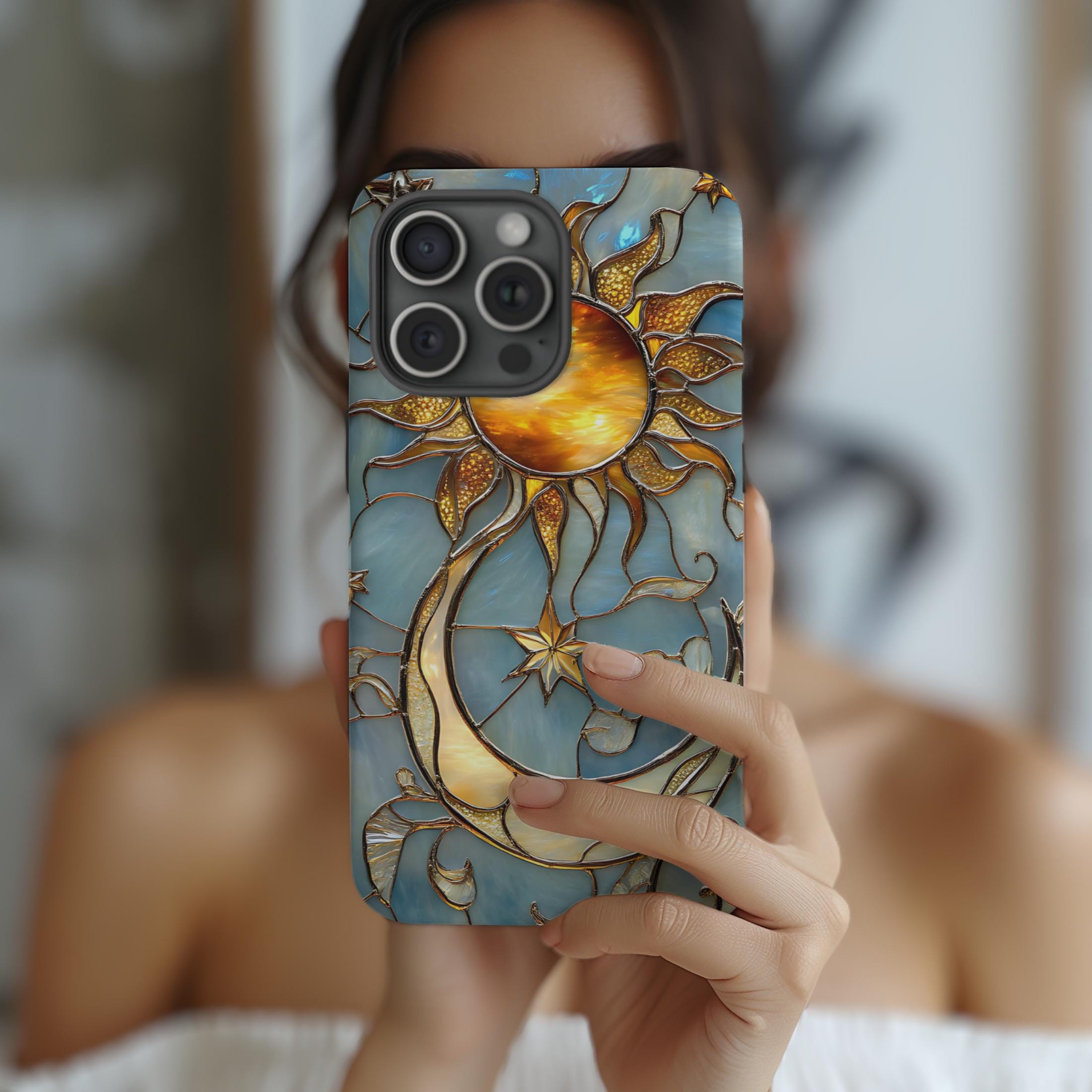 Cover per telefono con cielo stellato notturno in finto vetro colorato, custodia per telefono con luna e stelle in vetro colorato celeste 3D, iPhone 1