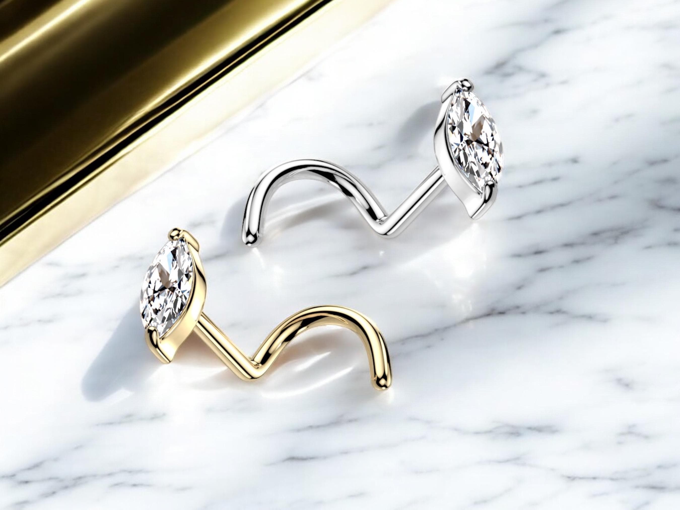 Piercing al naso a forma di cavatappi in oro 14 carati, delicato piercing al naso a forma di cavatappi in oro giallo massiccio con diamanti, 2 perni a