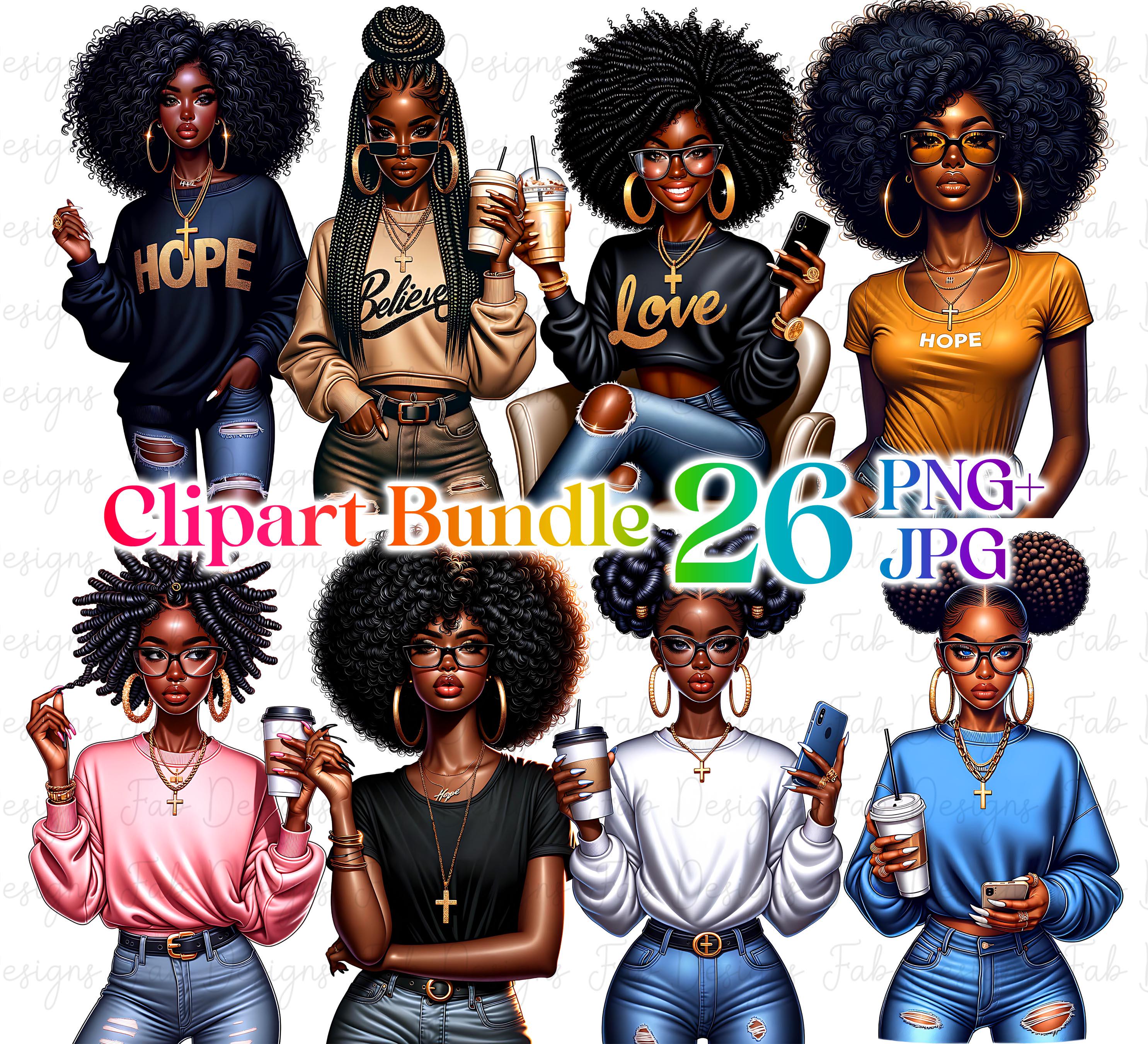 26 bundle di clipart di motivazione per ragazze nere, grafica di ragazze alla moda ispiratrice, clipart di ragazze afro, clipart di ragazze in denim,