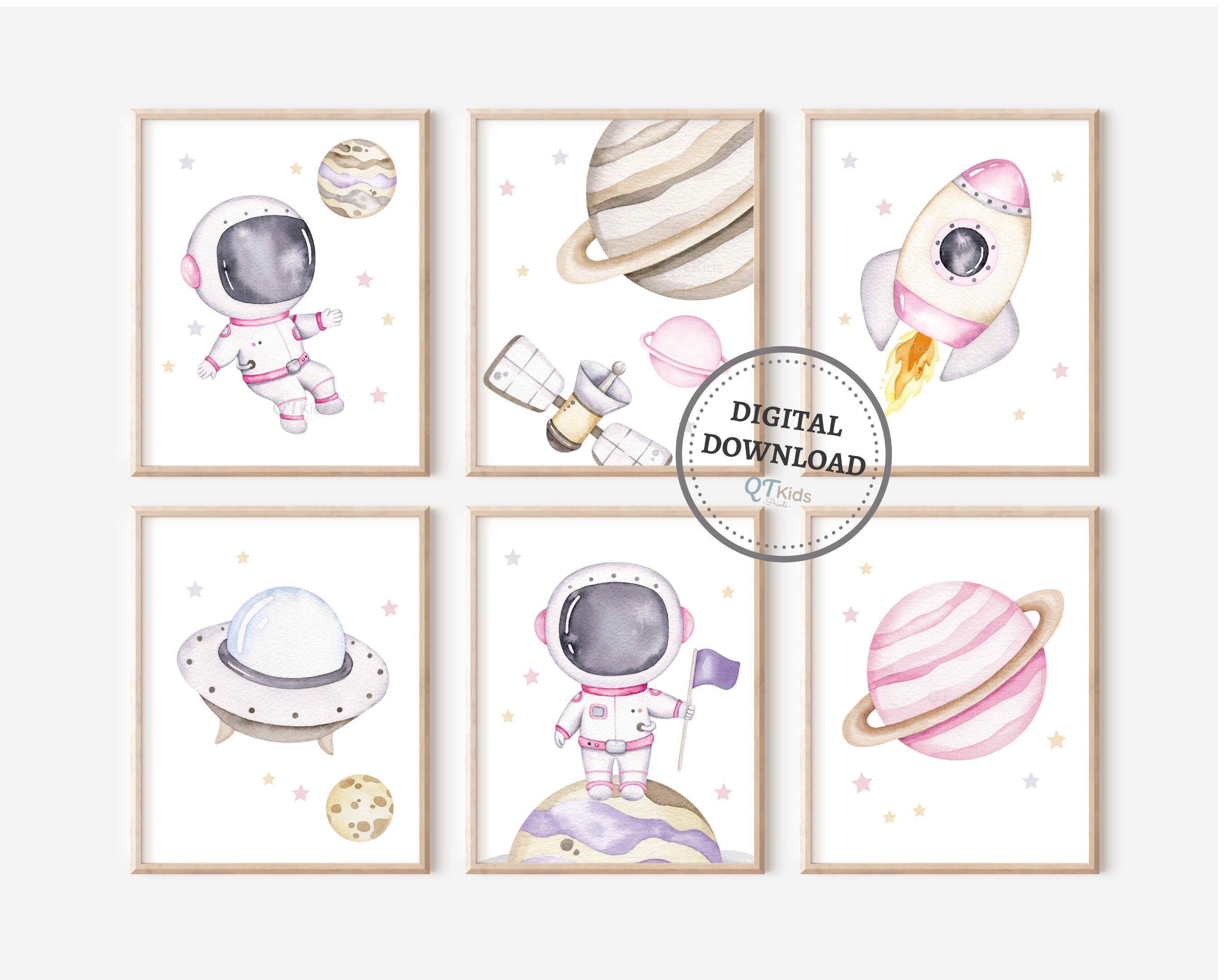 Stampe a tema spaziale per la cameretta, decorazioni murali stampabili per la stanza delle bambine, decorazioni rosa a tema spaziale per la stanza dei